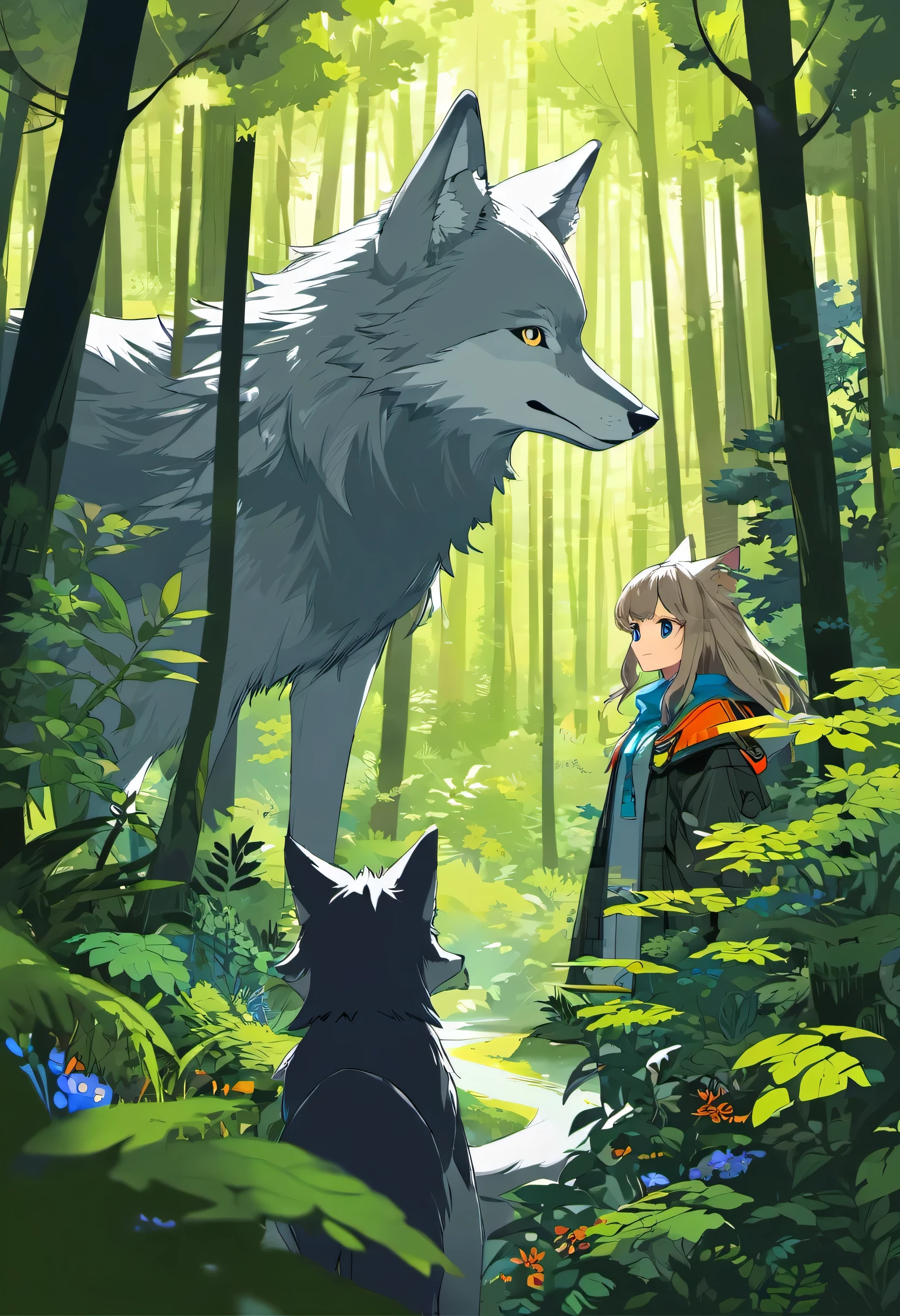 cover page, A girl and a wolf meet in the forest, flat Design, vector illustrations, graphic illustration, detailed 2d illustration, flat illustration, digital illustration, digital artwork,