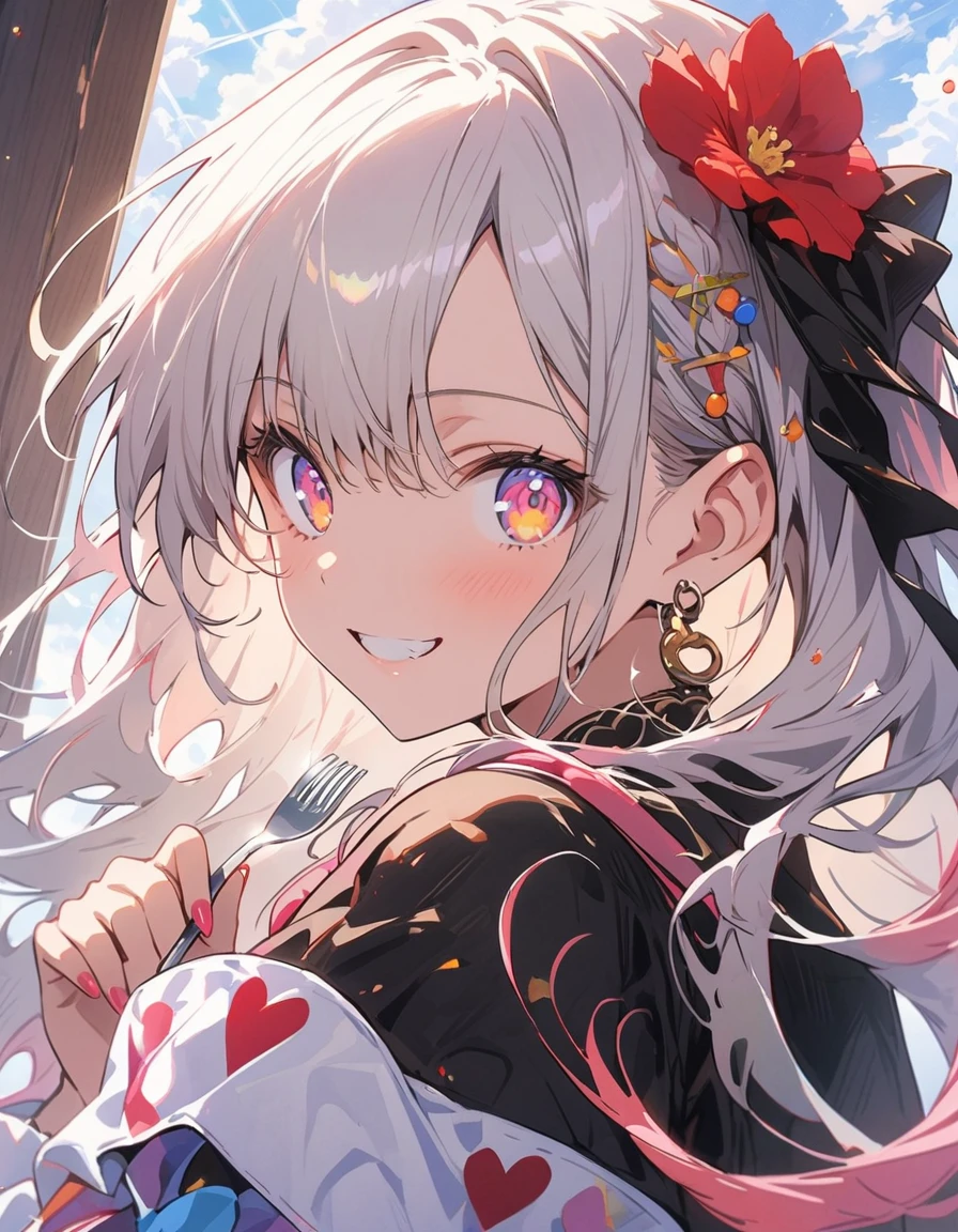 (1 girl)、(Eating spaghetti Napolitana skillfully using a fork)、(Extremely detailed Neapolitan)、Inside the cafe at noon、Smiling、(highest quality、masterpiece、High resolution、detailed)、animeスタイル、Flat Style、(iridescent eyes,Beautiful Face),extremely detailed、floating, (High saturation), Sunshine from the window, (Shine), Focus on Neapolitan, Dynamic Angle、anime