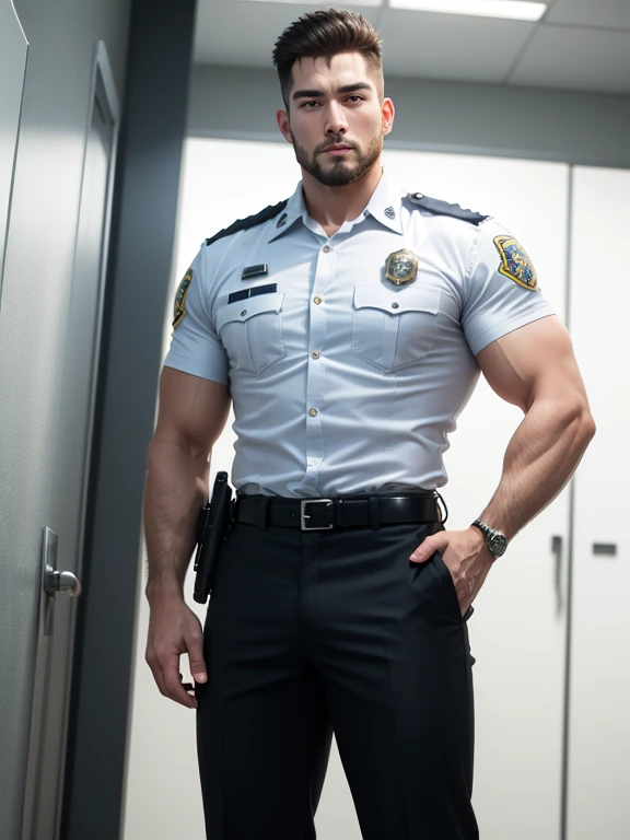 A down view of tall and muscular police officer, macrophilia, with a short beard, in a tight uniform, slim waist, imposing police officer.