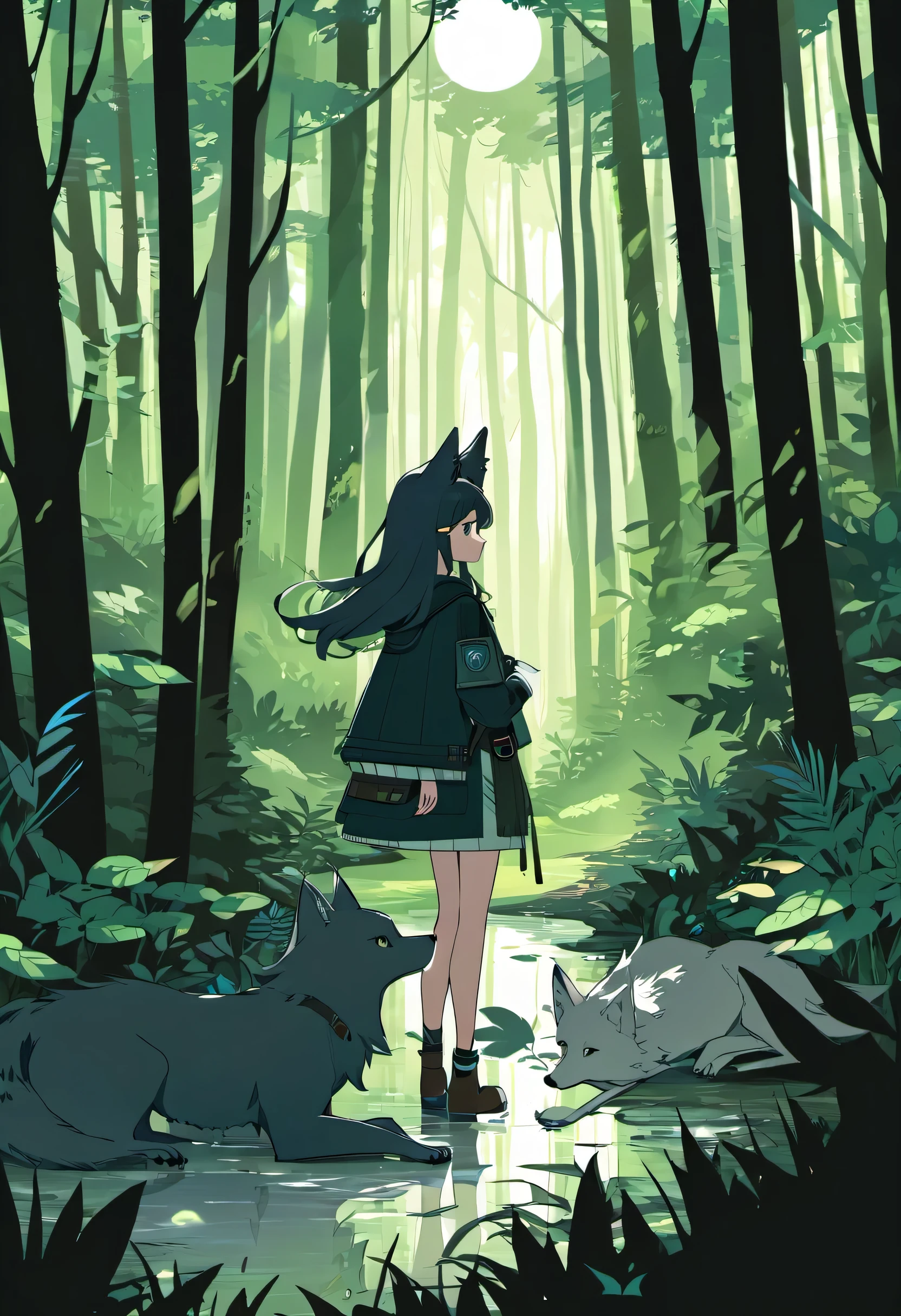 cover page, A girl and a wolf meet in the forest, flat Design, vector illustrations, graphic illustration, detailed 2d illustration, flat illustration, digital illustration, digital artwork,