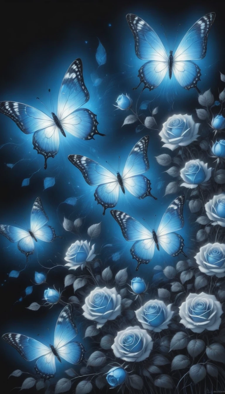 (best quality,4K,high resolution:1.2),Super detailed,Practical,black and white,traditional media,Pencil Sketch:1.2,Chaotic lines,[[[Artist Moussa]]],On a dark background,Blue electric charges forming butterfly，Stylized silhouettes of orbs and roses,Bioluminescence