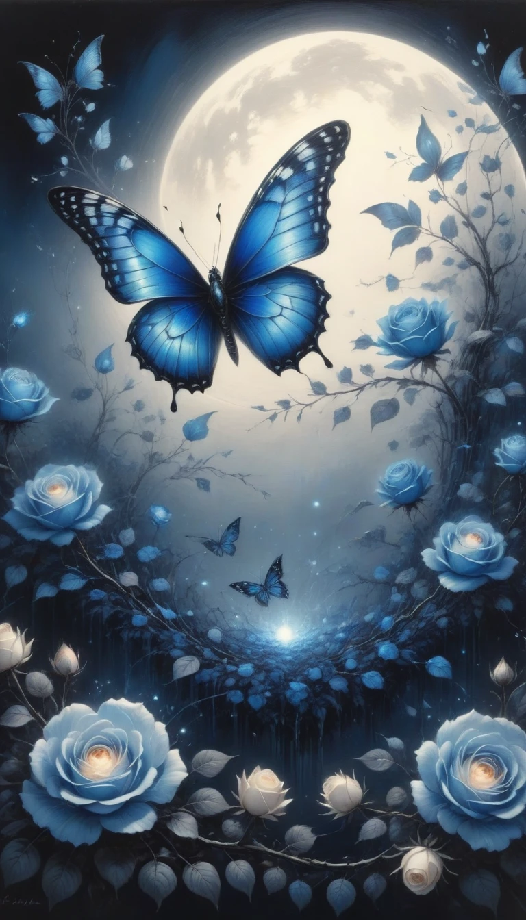 (best quality,4K,high resolution:1.2),Super detailed,Practical,black and white,traditional media,Pencil Sketch:1.2,Chaotic lines,[[[Artist Moussa]]],On a dark background,Blue electric charges forming butterfly，Stylized silhouettes of orbs and roses,Bioluminescence