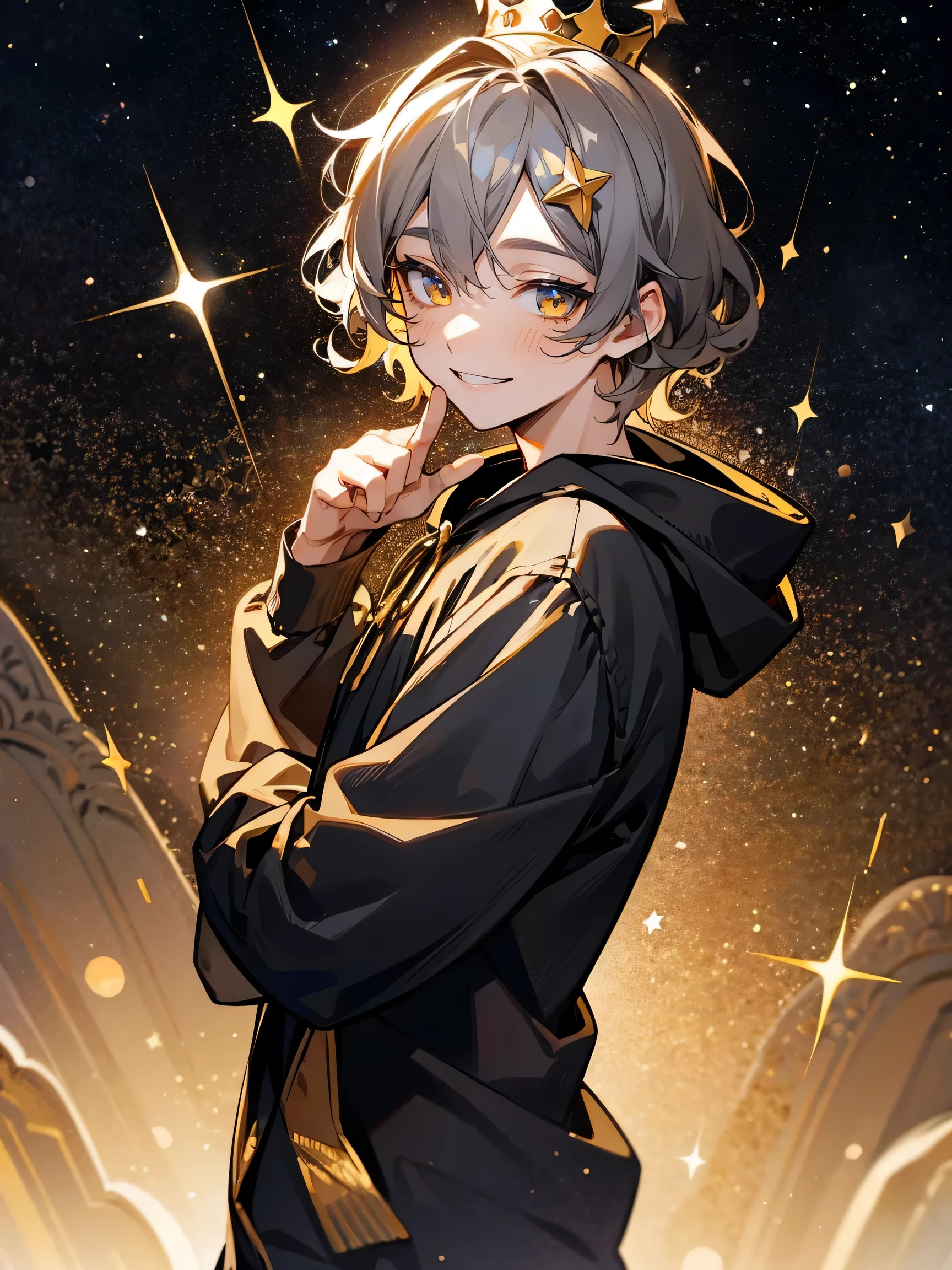 1male, young, grey hair, short hair, wavy hair, star hairpin, crown, starry eyes, gold eyes, black hoodie with stars on it, pajama pants, medival city, smiling expression, perfect lighting