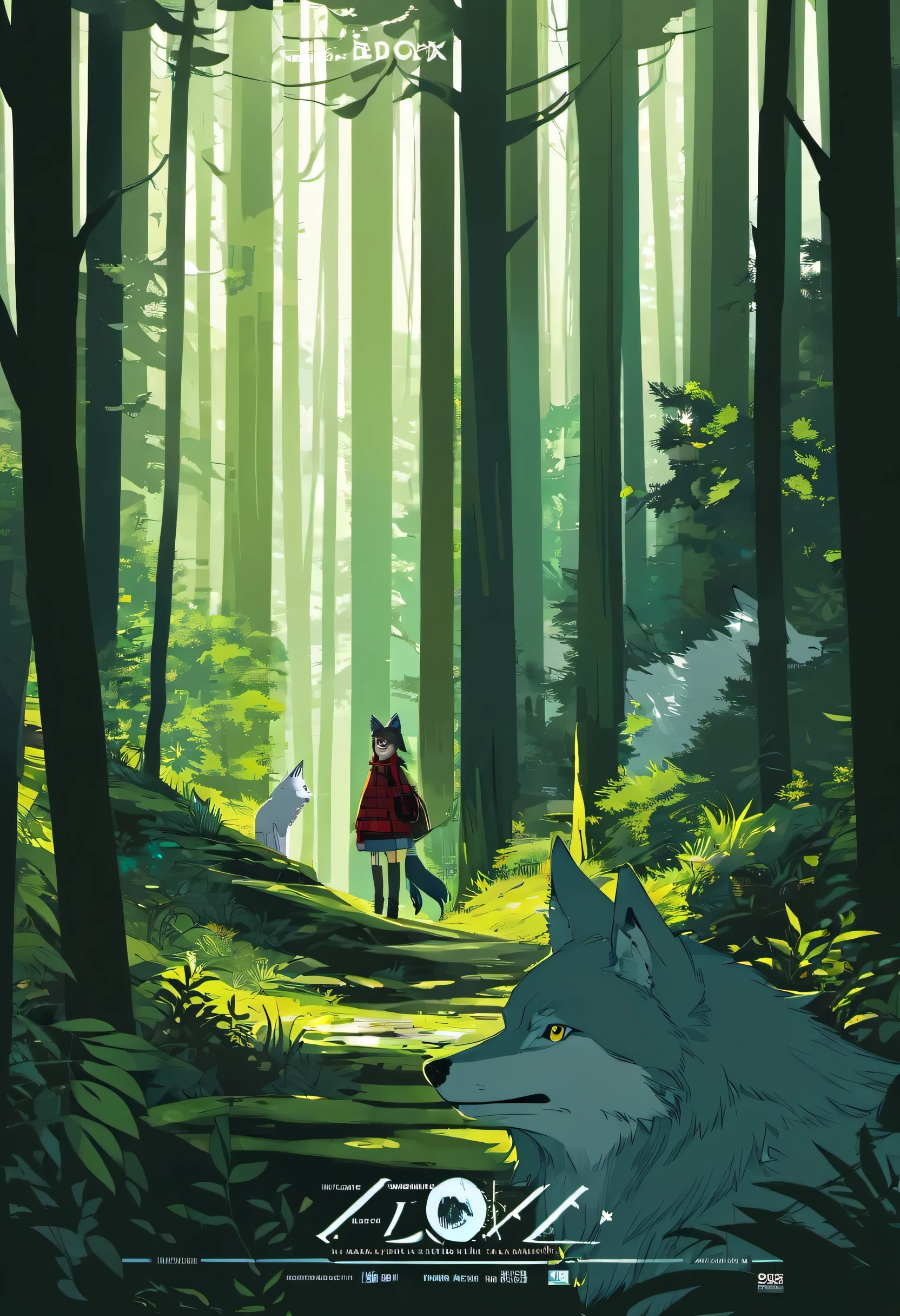 movie poster, A girl and a wolf meet in the forest, flat Design, vector illustrations, graphic illustration, detailed 2d illustration, flat illustration, digital illustration, digital artwork,