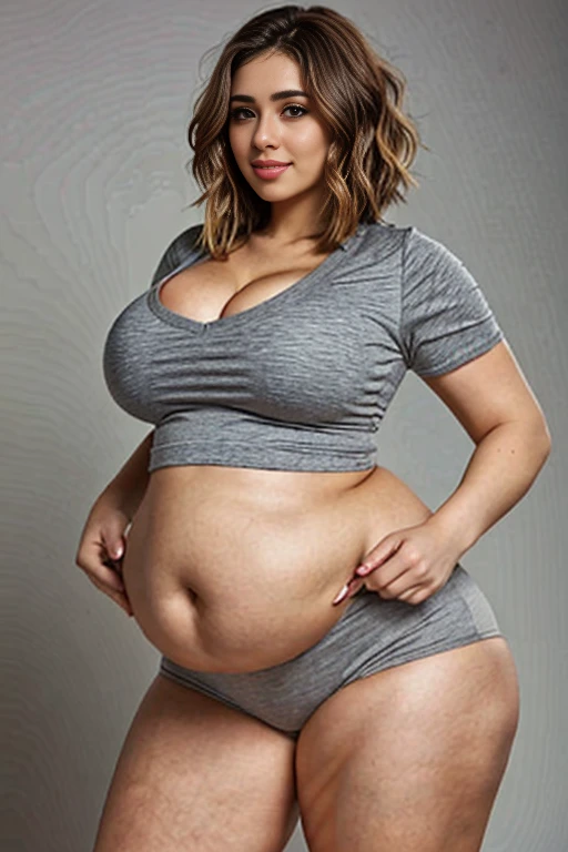 ((top-quality、8K、tmasterpiece:1.3))、A tall and beautiful woman、short shorts. Sport shorts. Thigh gap. Perfect figure:1.4、Slim tummy、light brown hairstyle、short detailed hair、Light gray yoga pants、No postural movement、Stand up straight、Huge bust、Highly detailed facial and skin texture. breasts, curvy body, plump body, huge big ass, thick body, curvy body type, voluptuous body type, busty body type, thick body type, big chest, big