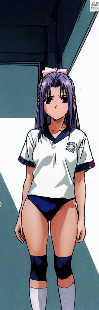 Momoko Koigakubo, a tall girl with beautiful legs, is standing in a white gym uniform and navy blue bloomers that look like panties.。