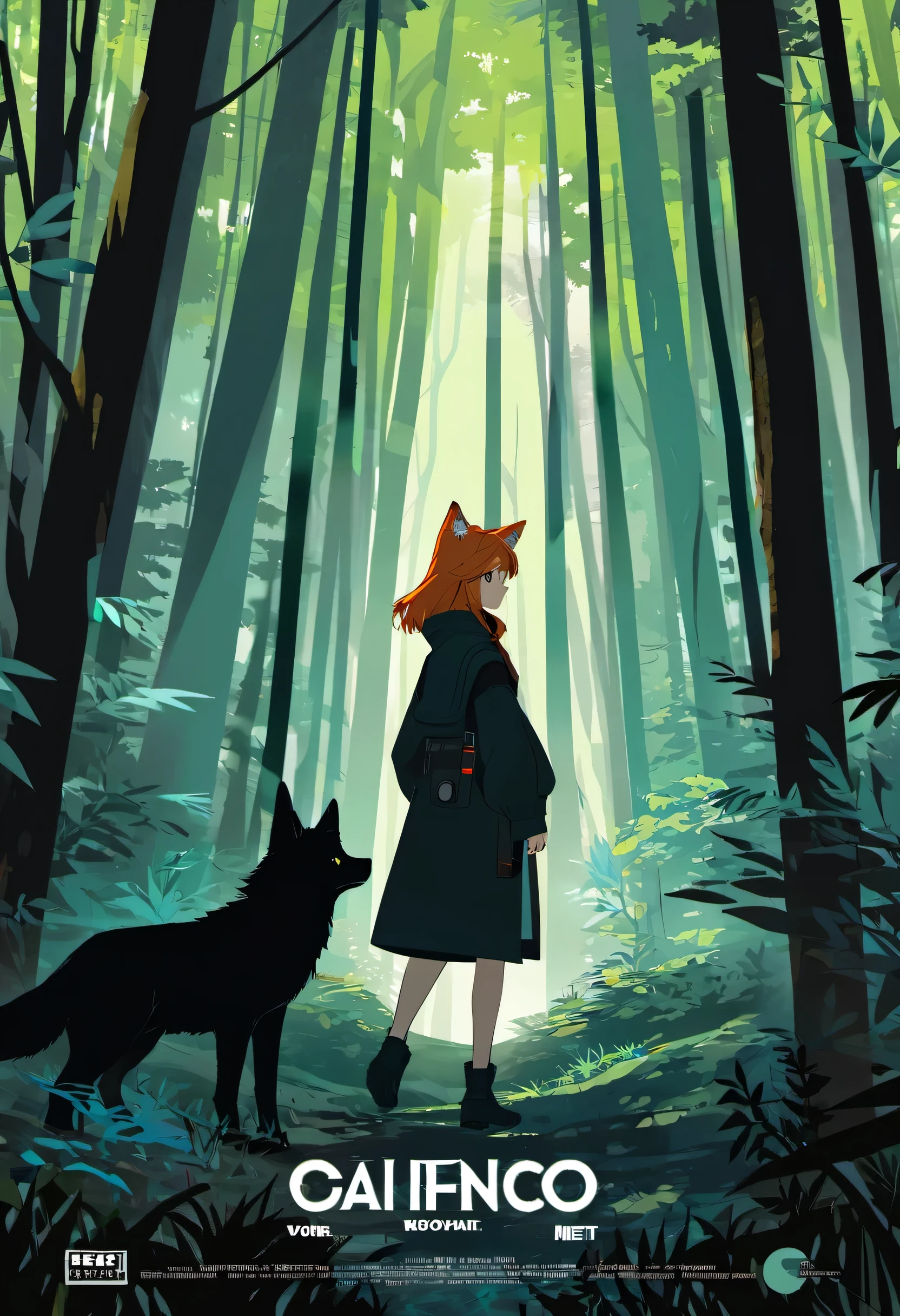 movie poster, A girl and a wolf meet in the forest, flat Design, vector illustrations, graphic illustration, detailed 2d illustration, flat illustration, digital illustration, digital artwork,