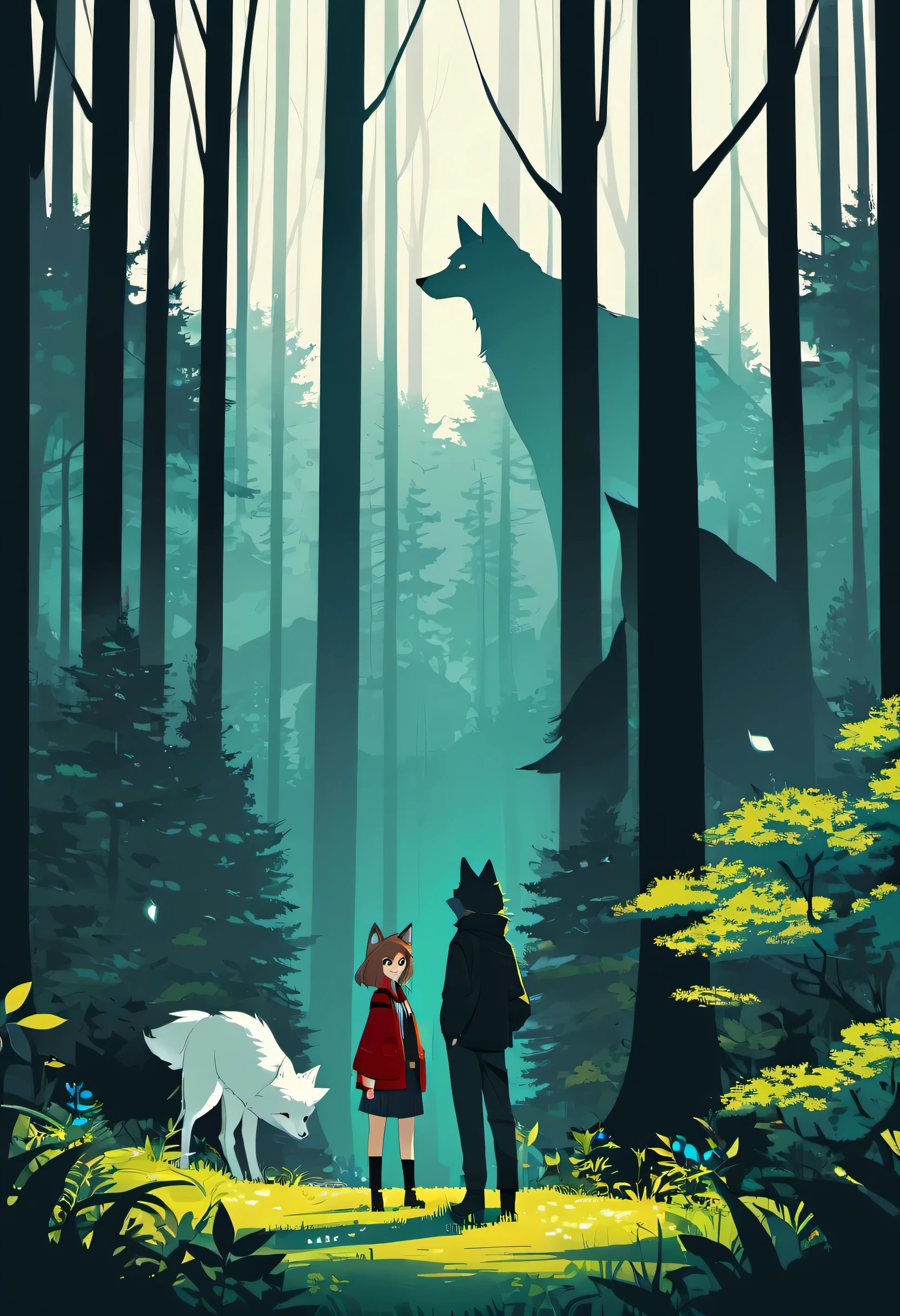 movie poster, A girl and a wolf meet in the forest, flat Design, vector illustrations, graphic illustration, detailed 2d illustration, flat illustration, digital illustration, digital artwork,
