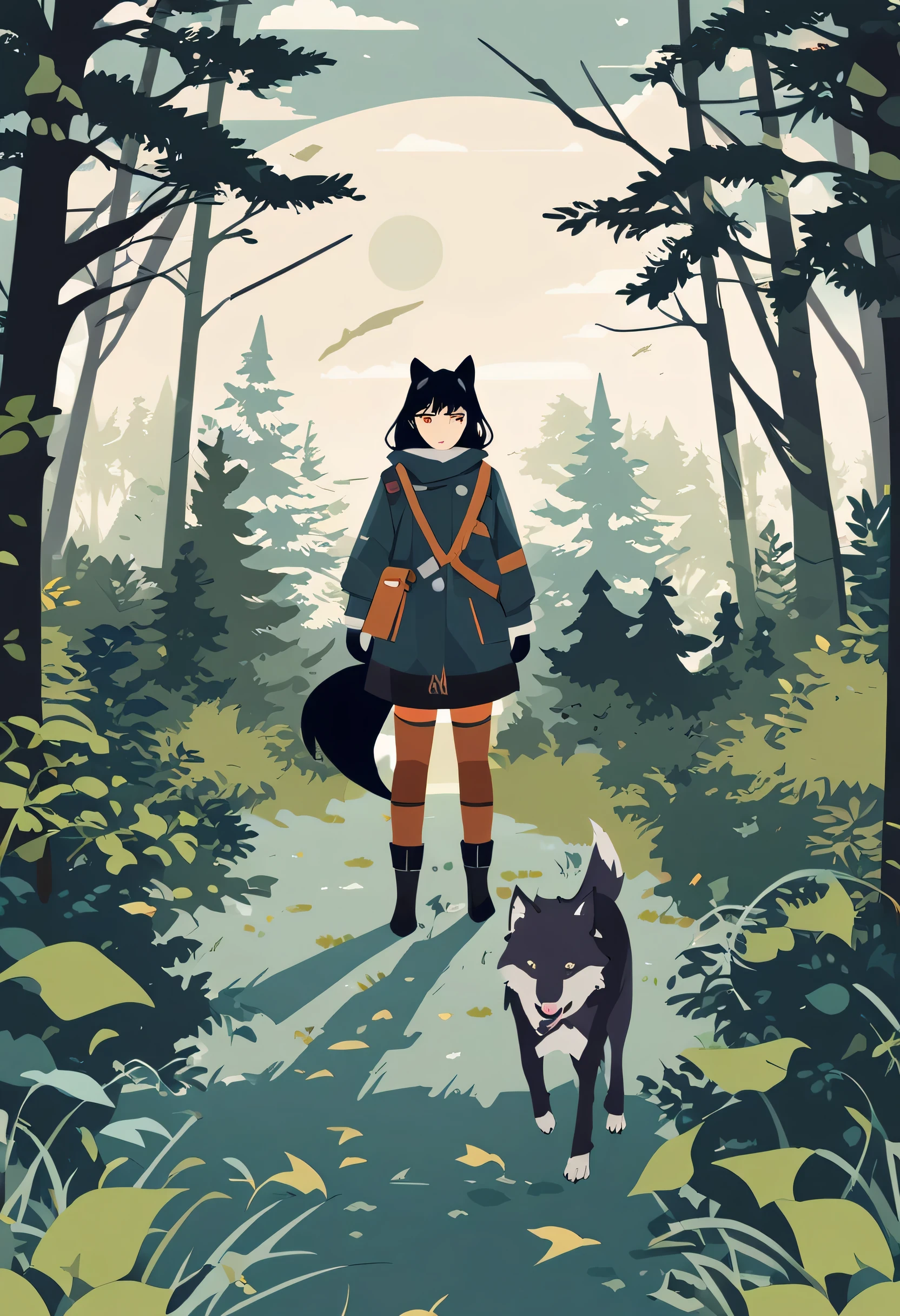 movie poster, A girl and a wolf meet in the forest, flat Design, vector illustrations, graphic illustration, detailed 2d illustration, flat illustration, digital illustration, digital artwork,