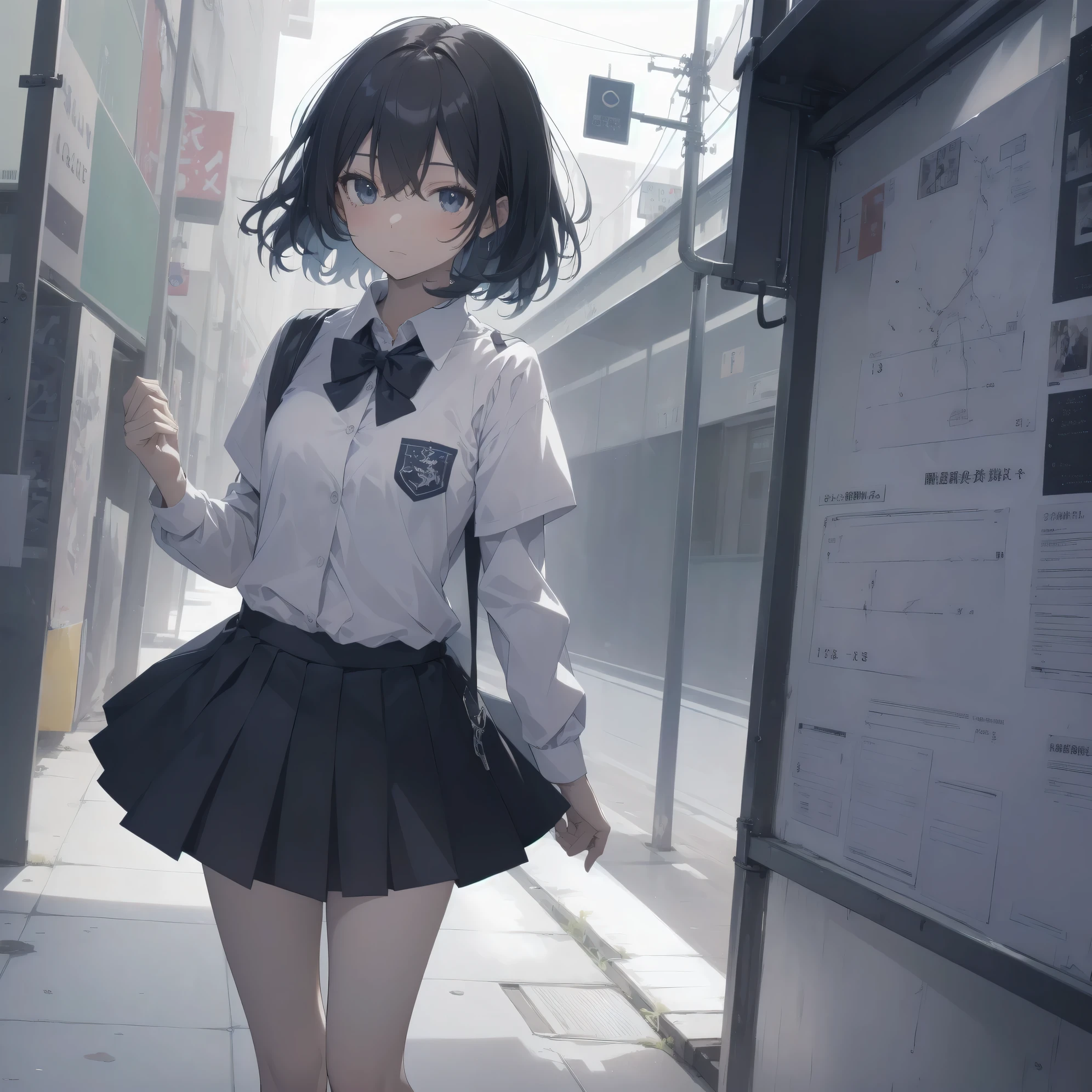ultra-absurdres-Top quality by artist God, ultra-detailed, high resolution, anime moe artstyle, best anime 8k konachan wallpaper, pixiv contest winner, pool:2810, perfect anatomy,break, 1girl, (Please draw a girl walking sleepily to school alone. )break,(Solo,little female, 13-year-old:1.3),Full limbs, complete fingers,a junior high school student, (very short hair), short cut, flat chest, , small butt, small black eyes, beautiful detailed eyes, well-proportioned iris and pupils, expressive eyes, highres detailed hair, soft expression, school_uniform, bowtie, collared shirt. pleated skirt,(Detailed Lighting), (Detailed background), in the School commute route. break,super detailed skin, Best cinematic lighting powered by famous artist, 8k,beauty illustration,photoshop_(medium),very aesthetic,break,((artist:ningen mame )), artist:bolze ,artist:oyari ashito ,artist:kantoku ,