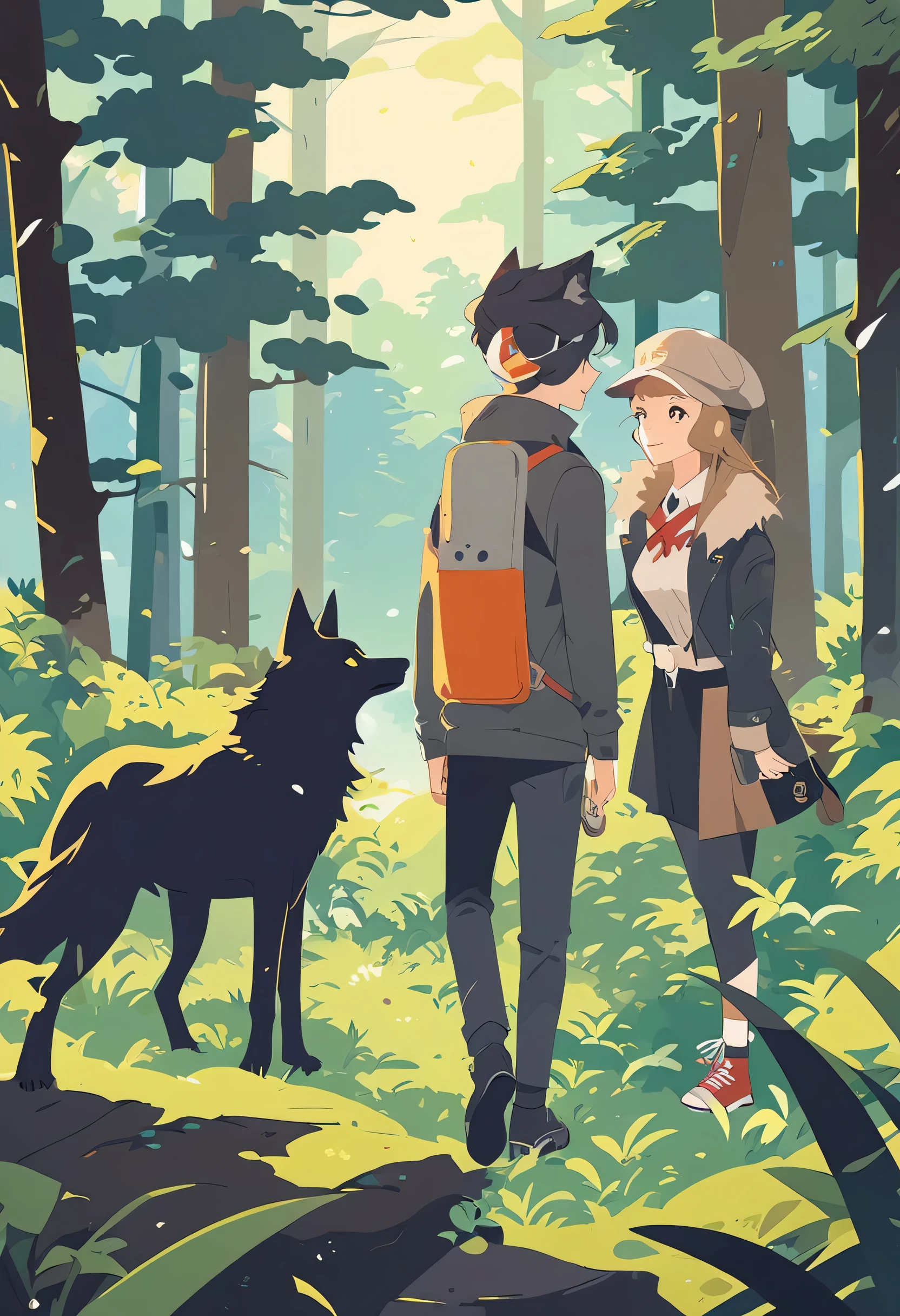 movie poster, A girl and a wolf meet in the forest, flat Design, vector illustrations, graphic illustration, detailed 2d illustration, flat illustration, digital illustration, digital artwork,