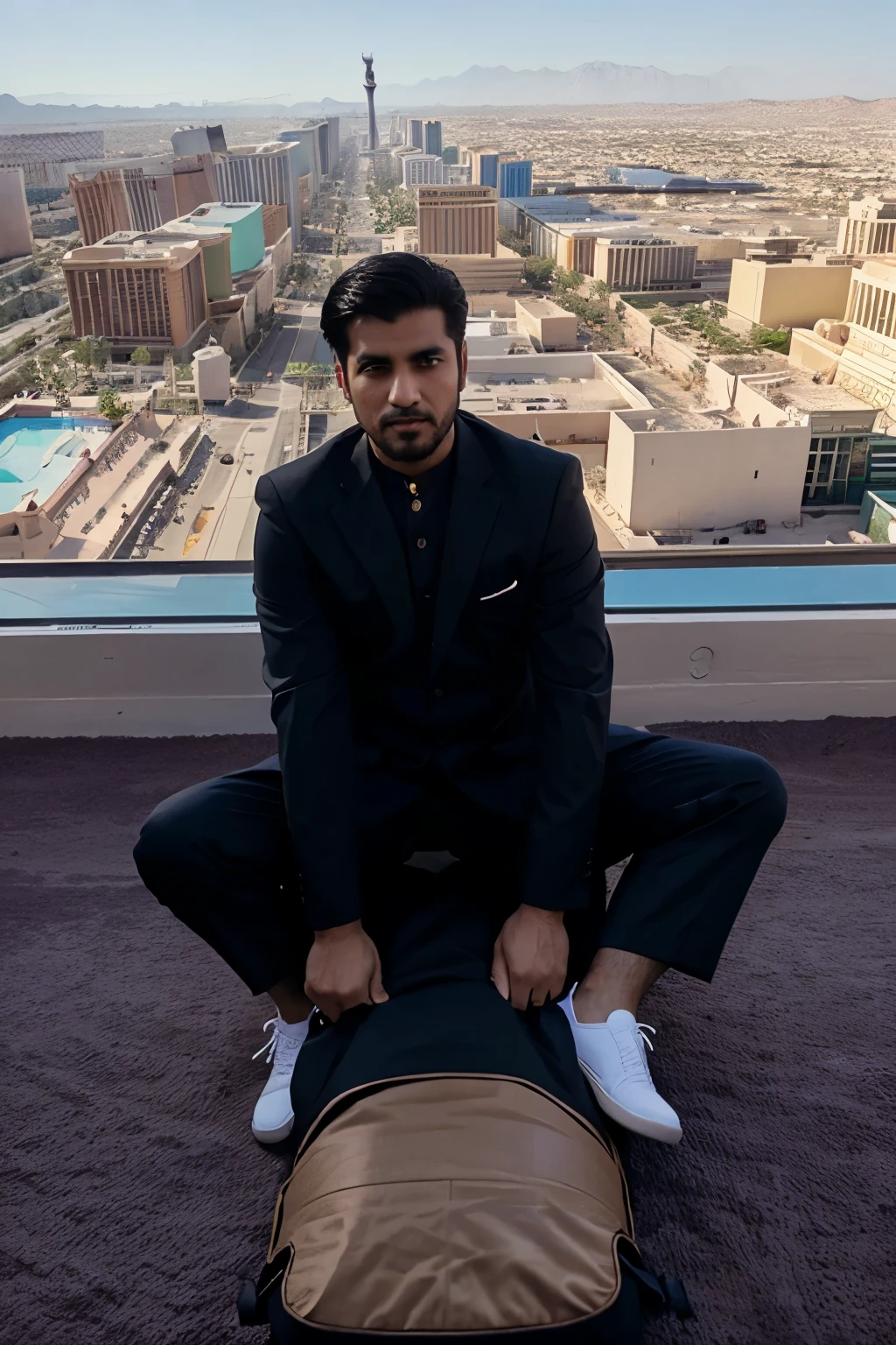 best quality pakistani man riding on a magic carpet with las vegas in the background