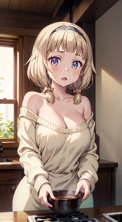 masterpiece, yor, 1girl, Amazing Cleavage:1.3, thin waist, big ass, Raised sexy, medium breast: 1.8 posed cleavage:1.2、solo, looking at viewer, open mouth, have a cute grass of cute beergrass,black hair, red eyes, dress, bare shoulders, jewelry, collarbone, sidelocks, hairband, earrings, indoors, off shoulder, :o, sweater, arms behind back, plant, short hair with long locks, white hairband, off-shoulder dress, sweater dress, off-shoulder sweater, red sweater, big side hair, very long side hair,is rendered in (masterpiece: 1.2, best quality), with (ultra high resolution) and an exquisite (depth of field). This masterpiece is not only visually stunning but also tells,A scene of cooking in the kitchen