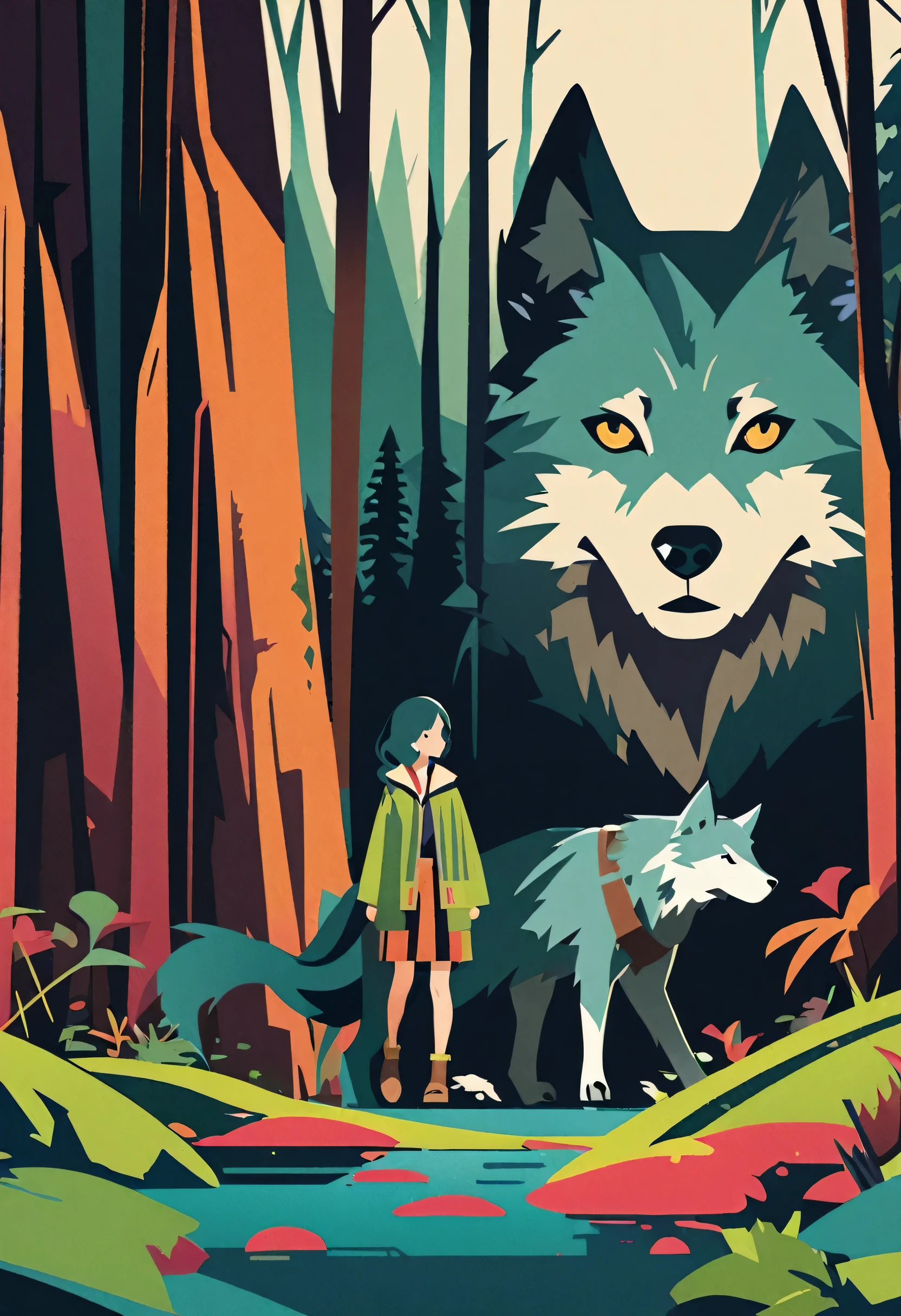 movie poster, A girl and a wolf meet in the forest, flat Design, vector illustrations, graphic illustration, detailed 2d illustration, flat illustration, digital illustration, digital artwork,