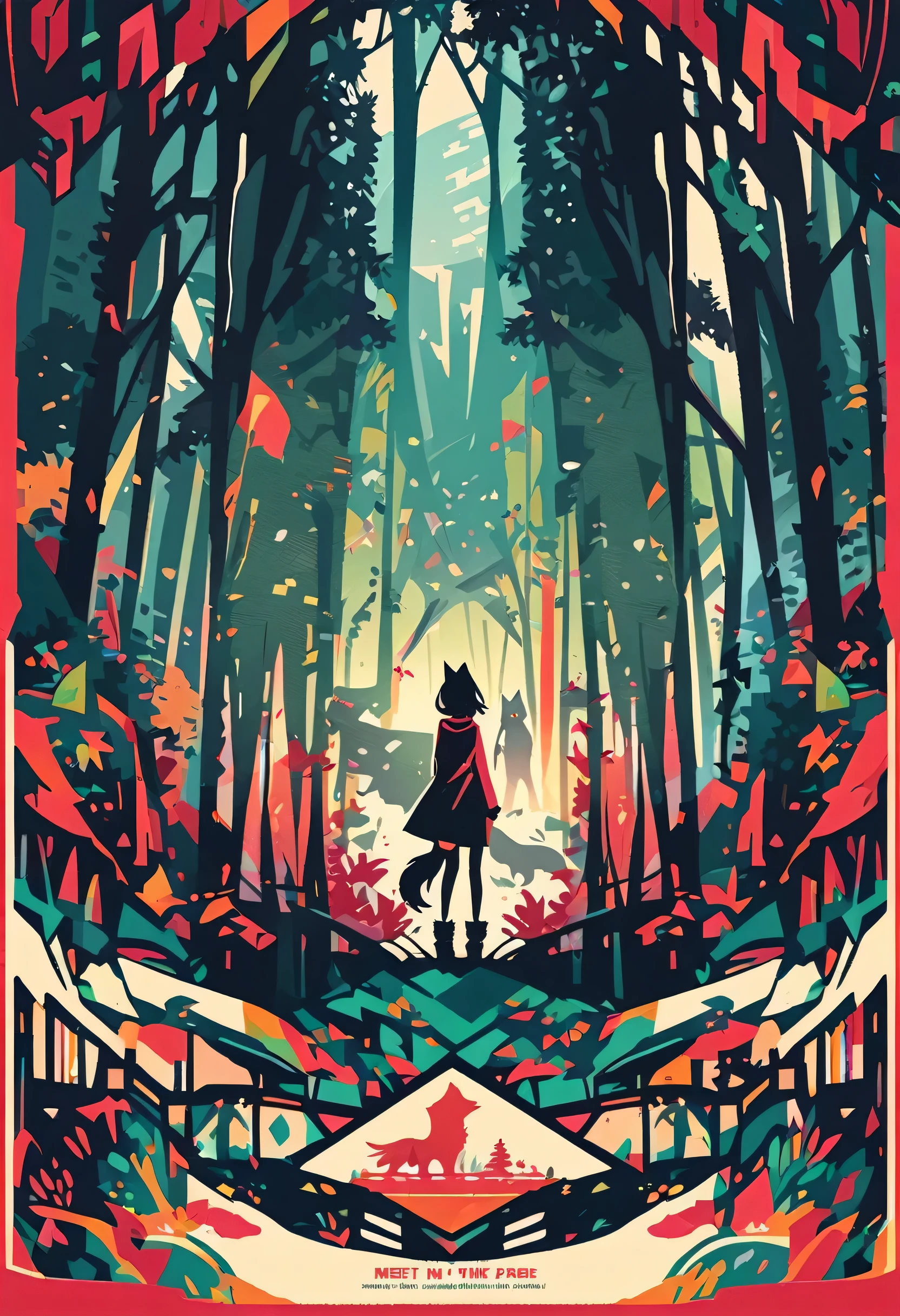 movie poster, A girl and a wolf meet in the forest, flat Design, vector illustrations, graphic illustration, detailed 2d illustration, flat illustration, digital illustration, digital artwork,