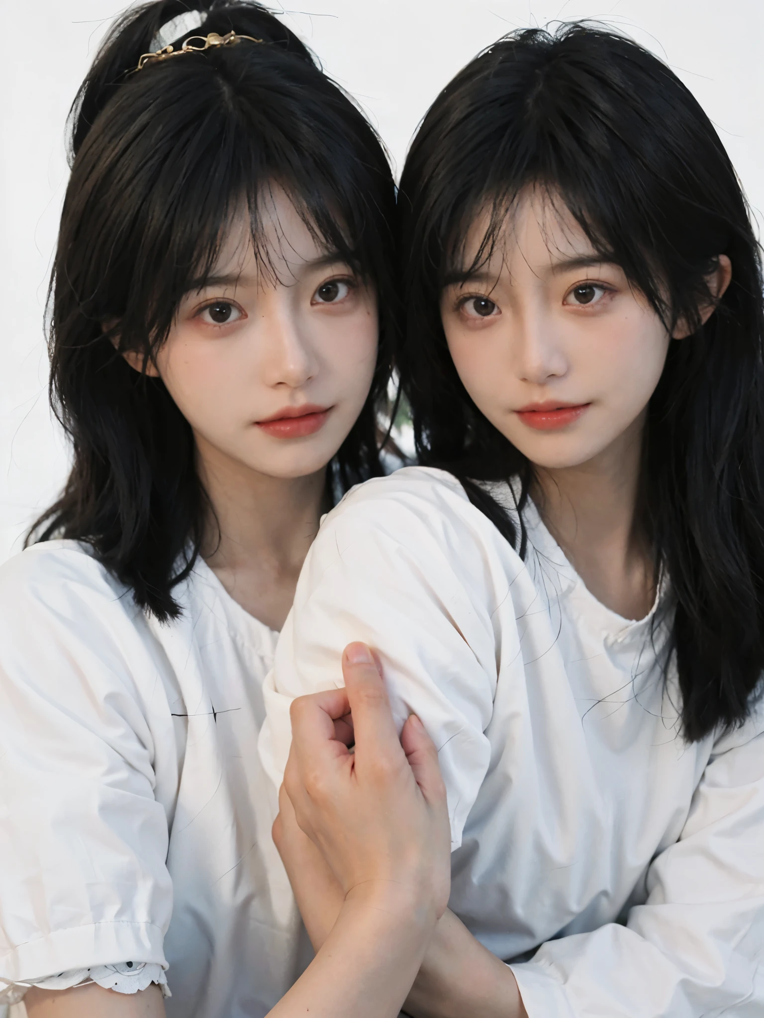 best quality, ultra high resolution, White background,(Upper body:1.4)(realistically:1.4), 2个girl,(medium shot:1.4 gold),short sleeves,Lovely,atmosphere,twin,A pair of eyes as clear as snow,Royal sister,girl,looking at the audience, close up ,