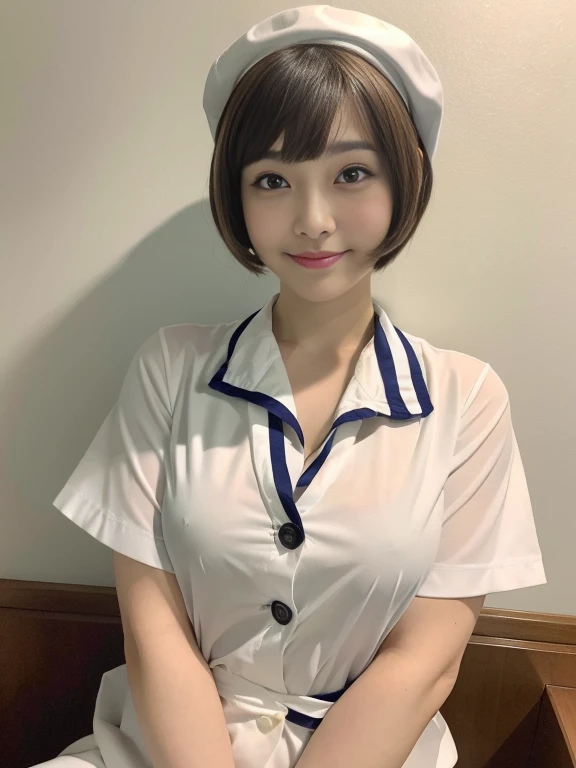 ((Great quality,Great quality,high quality, very beautiful,beautiful, 最high quality, Realistic))  ,(可愛いsmile),(White nurse uniform, Little White Nurse (cap), White shirt, Open shirt, Clothing that shows the lines of the body,hospital, ),((Light brown hair,blunt bangs, pixie cut, 太くてbeautiful眉,Round eyes)),Detailed body,photograph,3D, texture,, View audience, ((最high quality, Great quality, very beautiful, Absurd))、(Perfect beautiful face 1.2),(smile),Blushed,Heavy breathing,(Perfect and beautiful posture:1.2),(30 year old beautiful Japanese woman),(Mature Woman),(Face with makeup),Flat Chest,Long legs, (Muscular body),(whole bodyに汗をかく:1.2),超高解像度のphotograph,Looking at the camera,(Stand facing forward),(whole body),