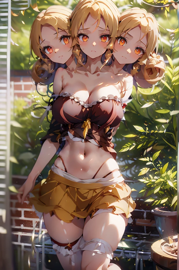 (masterpiece, best quality), best quality, best resolution, (ultra-detailed), (3heads:1.5), 1girl, (elly:1.3), masterpiece, best quality, ultra quality, ultra resolution, ultra detail, dark red and pink top, crop top, ((stomach)), midriff, ((groin)), dark red and pink skirt, miniskirt, normal ears, shackles, yellow hair, very long hair, wavy hair, sidelocks, yellow eyes, parted lips, open belly, sweat, cute, toned belly, hand on own chest, eyelashes, (24 year old woman:1.3), (masterpiece:1.5), (best quality:1.5), (beautiful detailed), extremely detailed CG, extremely delicate and beautiful, depth of field, (finely detailed face), (perfect details:1.2), (mature female:1.3), wide pelvis, slender, large veiny breast, 16k resolution, highres, high quality, high definition, extremely detailed, masterpiece, yellow hair, long hair, alluring presence, twin braid, short skirt, close up, big tits, young,