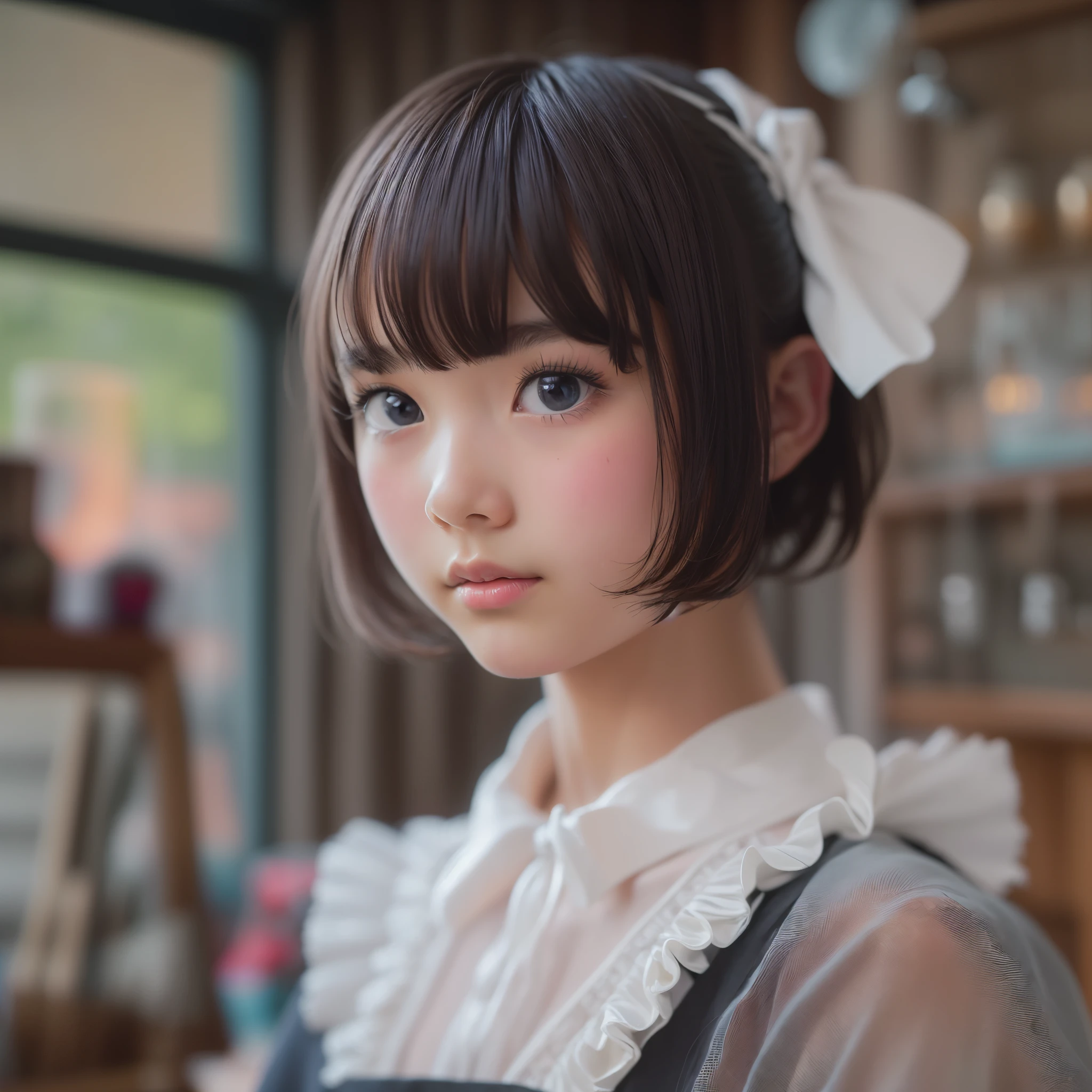 ((sfw:1.4)), (( extra short hair, sidelocks-hair, 1Girl)), Ultra High Resolution, (Realistic:1.4), RAW Photo, Best Quality, (Photorealistic), Focus, Soft Light, (()), ((Japanese)), (( (young face))), (surface), (depth of field), masterpiece, (realistic), wearing highly detailed (( maid clothes with frills and ribbon)), bangs, ((1 girl)),.(looking at viewer:1.2)