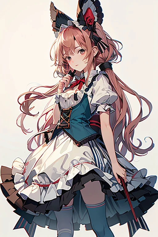 8k, highest quality, Tabletop, Very detailed, Studio Lighting, Physically Based Rendering, One Girl, alone,
 blush, Alice in Wonderland, Red long hair,Twin tails, Red dress, Green High Socks,Magic wand