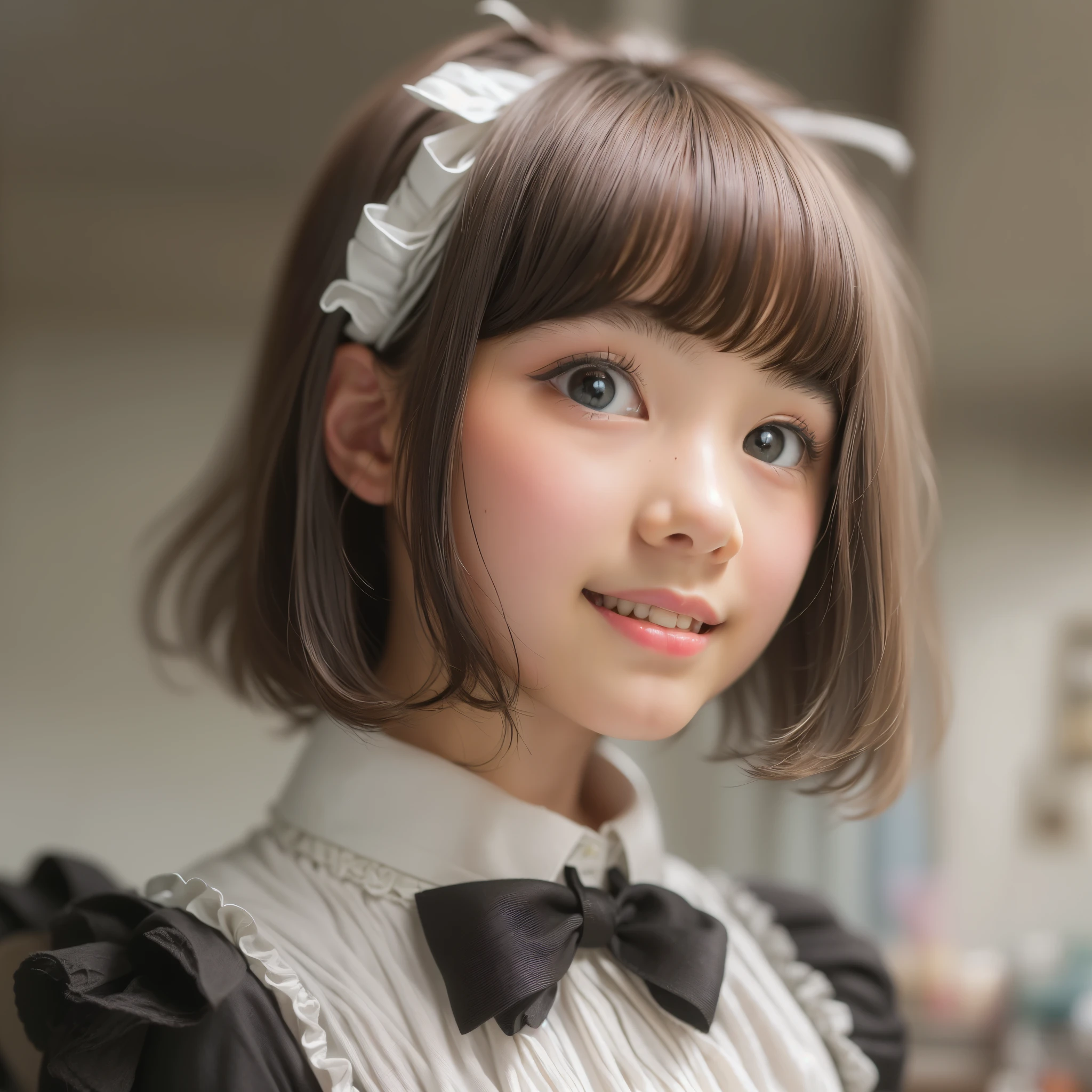 ((sfw:1.4)), (( extra short hair, sidelocks-hair, 1Girl)), Ultra High Resolution, (Realistic:1.4), RAW Photo, Best Quality, (Photorealistic), Focus, Soft Light, ((15 years old)), ((Japanese)), (( (young face))), (surface), (depth of field), masterpiece, (realistic), wearing highly detailed (( maid clothes with frills and ribbon)), bangs, ((1 girl)),.(smile:1.2)