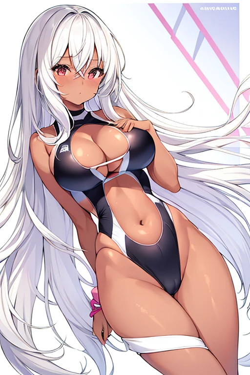 1girl, dark skin, dark-skinned female, white hair, long hair, large breasts, wide hips, thick thoghs, one-piece swimsuit, competition swimsuit, black swimsuit, pink trim, slingshot swimsuit, hands behind back, arm behind back, mature female, milf,
