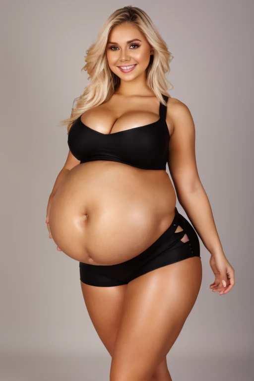 high quality, beautiful face, young 20 years old woman, ultra wide shot, white crop top, leather short shorts, black shorts, blonde hair, long hair, best studio shooting, detailed background, abs, navel, full body shot, weitwinkel, curvy body, plump body, huge big ass, thick body, curvy body type, voluptuous body type, busty body type, thick body type, big chest, big
