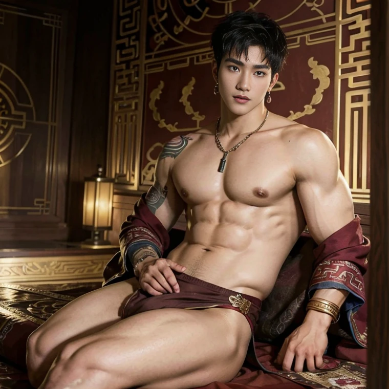 handsome boy tibetan , naked, smiling, catching eyes , Chinese Men God, Mythology, realistic, Chinese odyssy, super Handsome,manly, kpop idol, handsome korean actor, 20 years old,, detailed face, manly jawline, manly chin, detailed mess curly styling hair, Topless, Muscles, big chest Athlete body, Full Frame,full body shoots, Sexy, realistic, human skin, tattoo breast, Professional studio Lighting, long red tibetan Outfit, jade and golden pendent all over , detailed jewery in dress, earings,Chinese ancient tibetan temple Background,out door, super detailed background,look at camera , open mouth,naked, sexy loincloth Underwear, super long big dick , perfect flawless dick, big bulge, tibetan Warrior, Hanfu red wedding dress, tibetan Male, tibet Nobel, Seduce , bare chest , tattoo chest, tattoo arms, tattoo hands, tattoo back, tattoo legs , detailed buddism tattoos,show the bulge, big juicy butts, bare butts, legs open in M shape