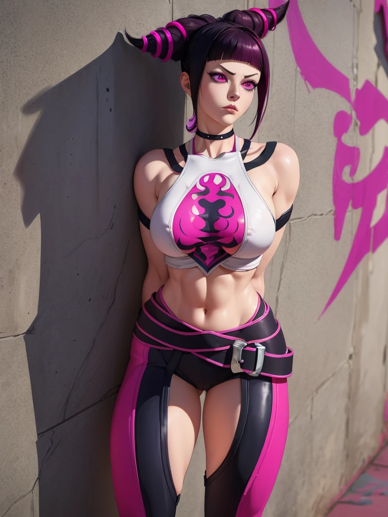 { - anatomy error} (Masterpiece - Ultra-detailed, very high resolution)Juri Han,Masterpiece, Best Quality, 1girl, report, crop-top, jean shorts, Choker, (graffiti:1.aint splatter, (Hands Behind Your Back), Against a wall, looking a viewer, A bracelet, thigh strap, Paint on the body, tilt of head, bored, fiery hair color, magenta eyes, juri han ,rosto yandere,brava
