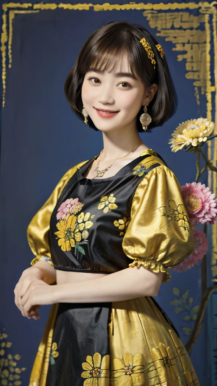 A close up of a woman in a dress with flowers - SeaArt AI