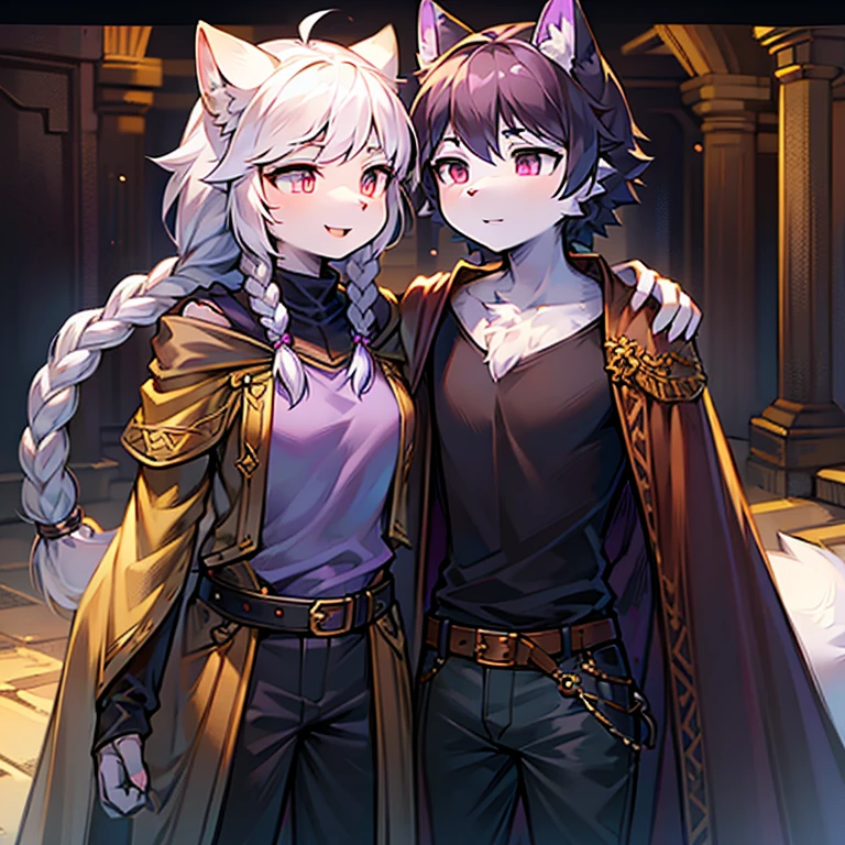 Young Female white fox-cat ((lean-body)) (((small breasts)))(((sfw))) (short snout),black stripe between neck and shoulder towards chest ((black fur stripe on waist))(ears are darker), orange and violet eyes, cat tail (black at end), white hair (single-braided), fantasy adventure type clothing, violet shirt, golden-brown cloak, navy-blue belt khaki pants, happy ((looking at viewer)) ((Female wolf))