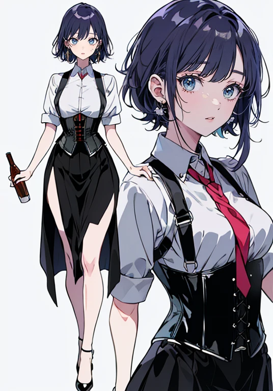 ((Perfect Face)),Purple Hair,Shortcuts,Adult female,bartender,((Body Harness)),((I rolled up my sleeves.Ｙshirt)),tie,Black vest,((corset)),(skirt)((slit)),(High heels),((Simple Background)),smile,((whole body)),((Full Body)),((full body))Character portrait,((upright)),Standing upright with arms down
