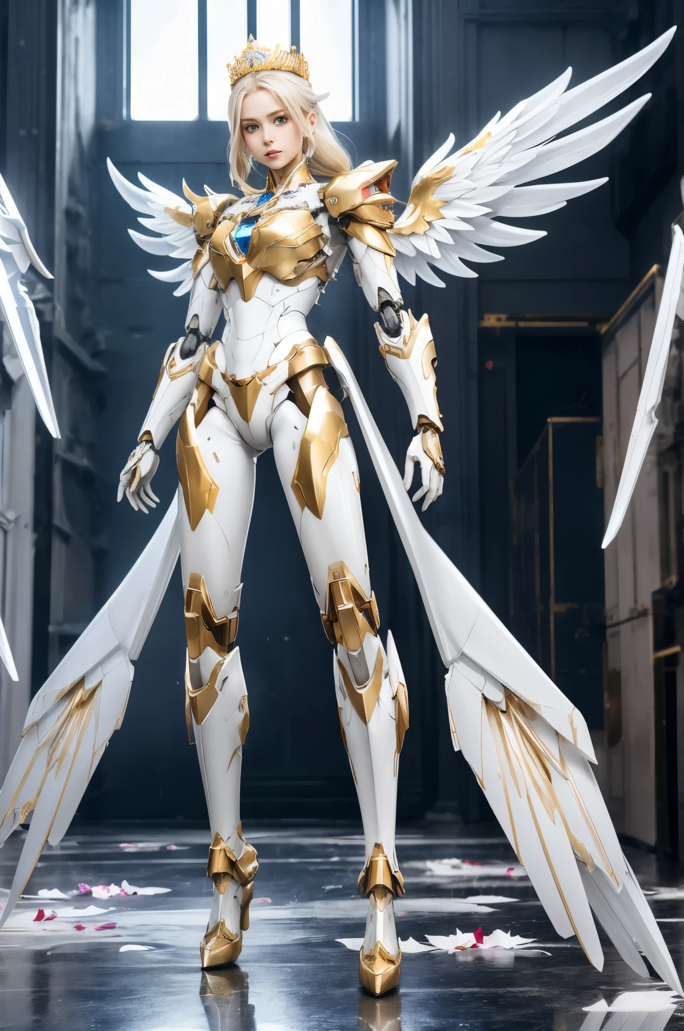 full body, divine girl, dynamic pose, slim figure, mechangel, mecha wings, halo, crown, lush blonde hair, ([matte white plastic:shiny golden:0.6] armor:1.1), luxury clothing, broken city, dancing petals, sacred signs, pastel colors, maximum details 