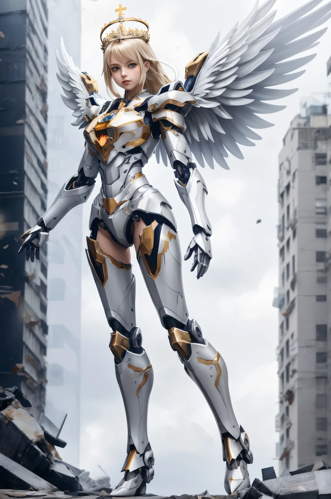 full body, divine girl, dynamic pose, slim figure, mechangel, mecha wings, halo, crown, lush blonde hair, ([matte white plastic:shiny golden:0.6] armor:1.1), luxury clothing, broken city, dancing petals, sacred signs, pastel colors, maximum details 