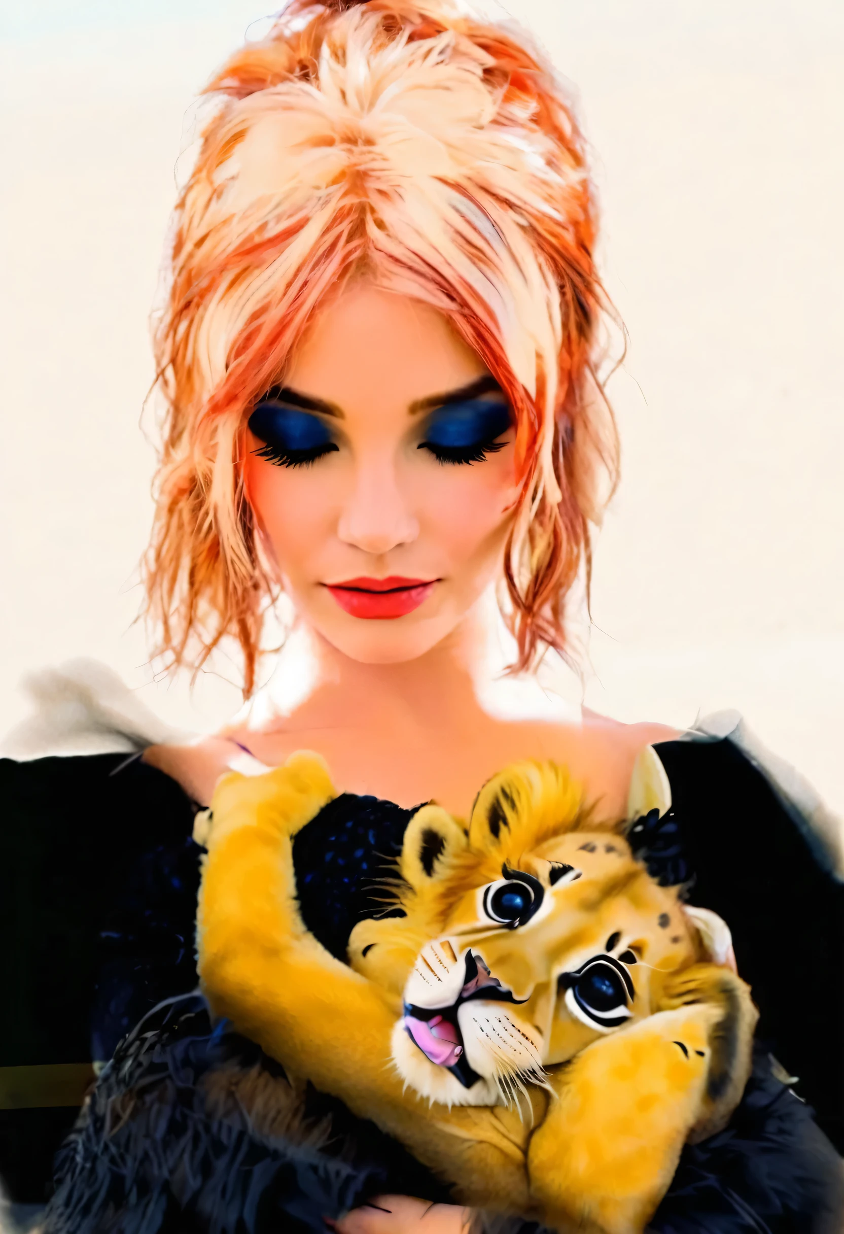 a beautiful young woman dressed in black holds tight a baby lion in her arms with care and love as if she is a lion mama herslef; her eyes are closed here eyelids are deep blue, her lips are juicy and red; her hair is black, brown and blonde mixed