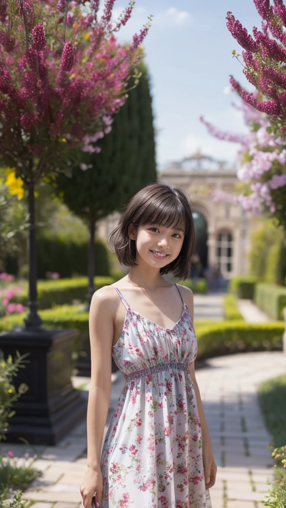 masterpiece, highest quality, disorganized, perfect anatomy, 1 girl, alone, pascal tales, short hair, beautiful, Hilarious, sunny day, botanical garden, Summer winds, sundress, Floral, wavy hair, smile