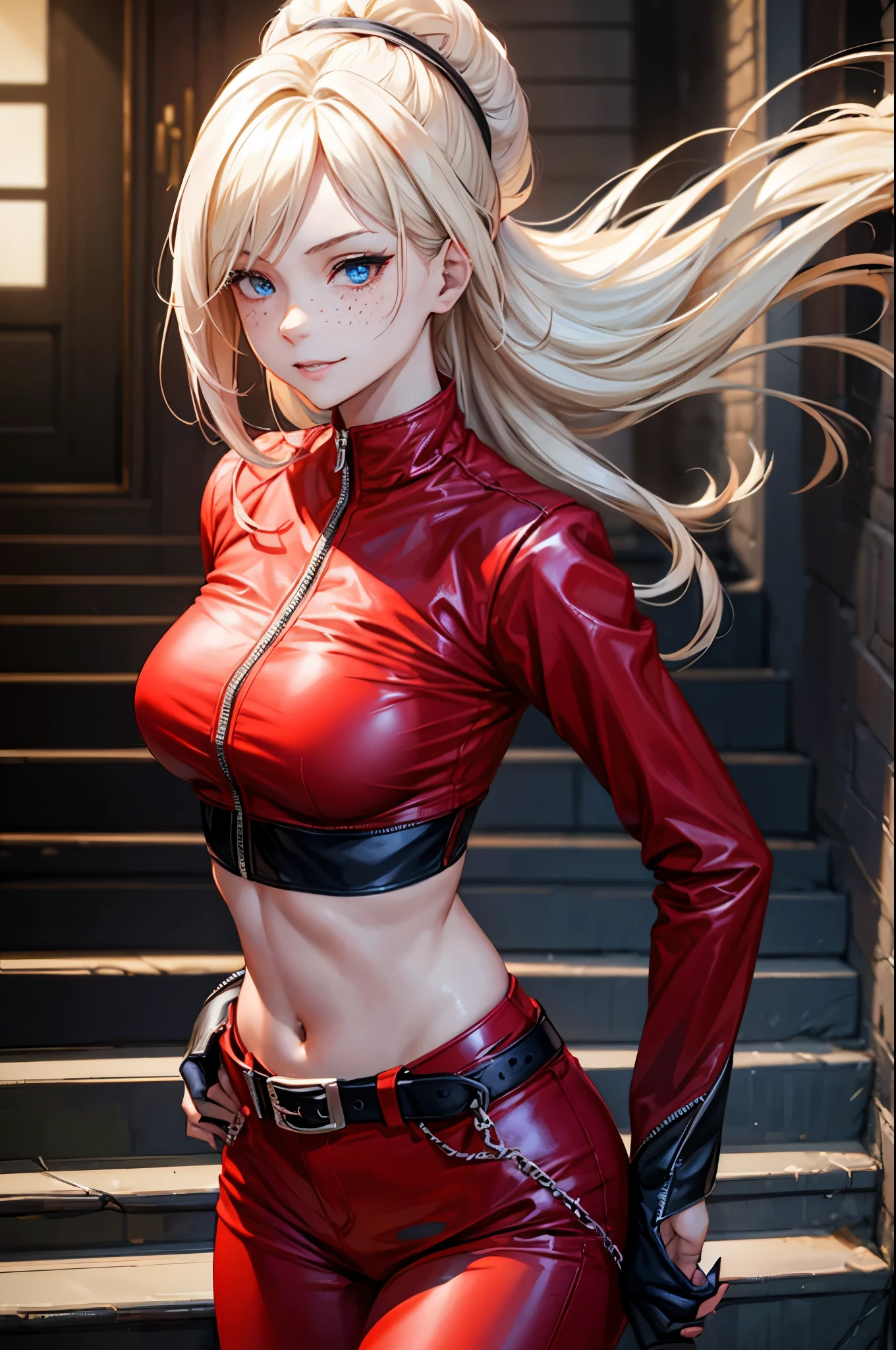 (masterpiece, best quality:1.2), expressive eyes, perfect face, highres, 1girl, solo, (female:1.5), AshCrimson, blonde hair, hair covering eye, hair band, red jacket, freckles, red bodysuit, red pants, belt, fingerless gloves, nail polish, smirk, midriff, arms up, standing, upper body portrait, looking at the viewer