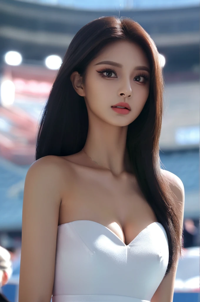 Tzuyu 1, woman, (Realistic), (Hyperrealism), (photoRealistic), Written boundary depth, eye make up:0.7 (whole body:1.2), (Large Bust),(Tight waist), Observe the audience,In the pits of a race track, Race Queen, A sexy dress with open shoulders and neckline