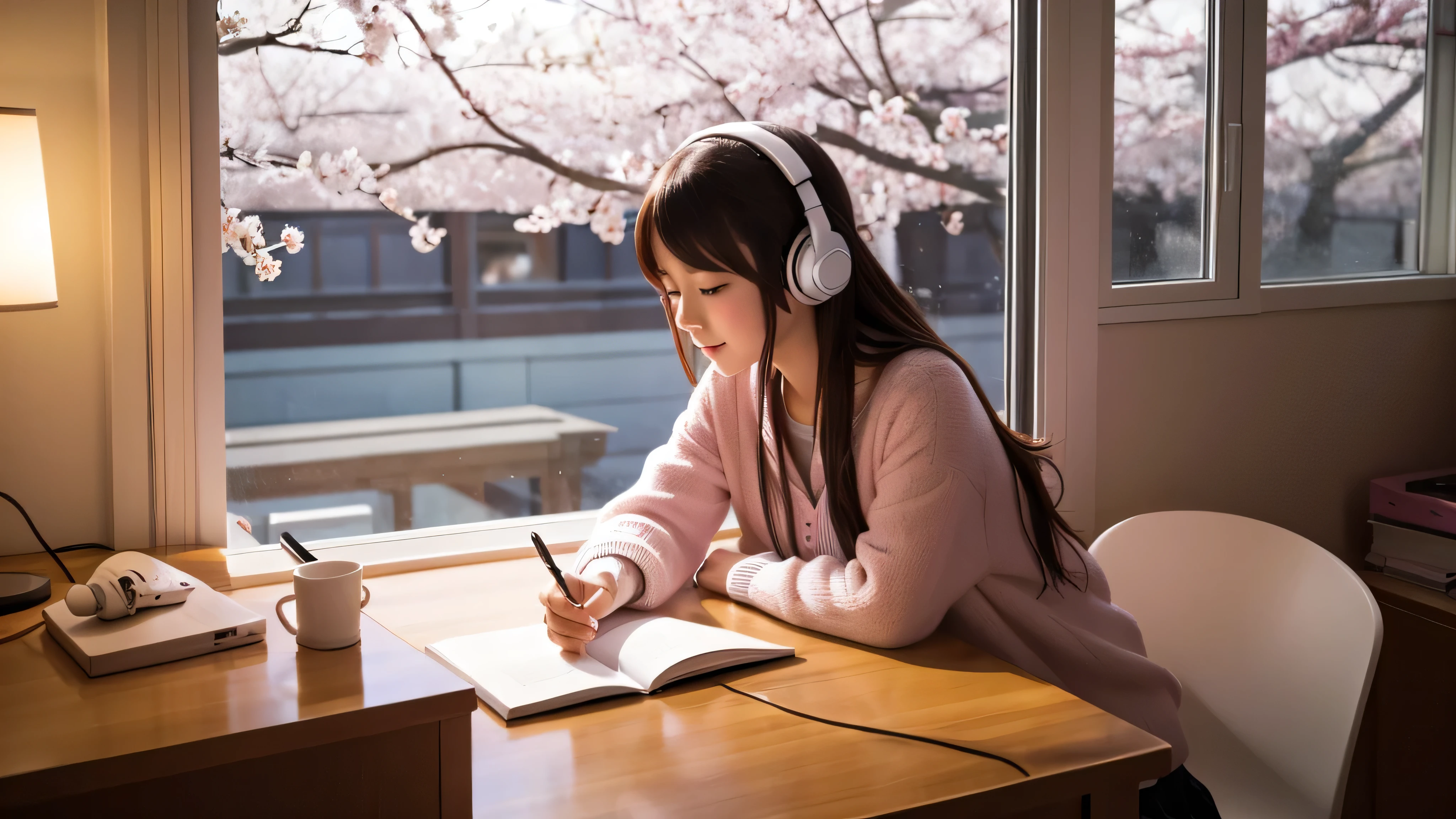 Beautiful girl studying in her room while listening to music with headphones Warm lighting Outside the room, cherry blossoms are blooming Japanese anime style