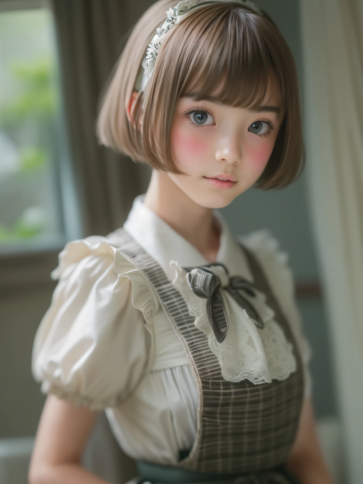 ((sfw:1.4)), (( extra short hair, sidelocks-hair, 1Girl)), Ultra High Resolution, (Realistic:1.4), RAW Photo, Best Quality, (Photorealistic), Focus, Soft Light, ((15 years old)), ((Japanese)), (( (young face))), (surface), (depth of field), masterpiece, (realistic), wearing highly detailed (( maid clothes with frills and ribbon)), bangs, ((1 girl)),.()

