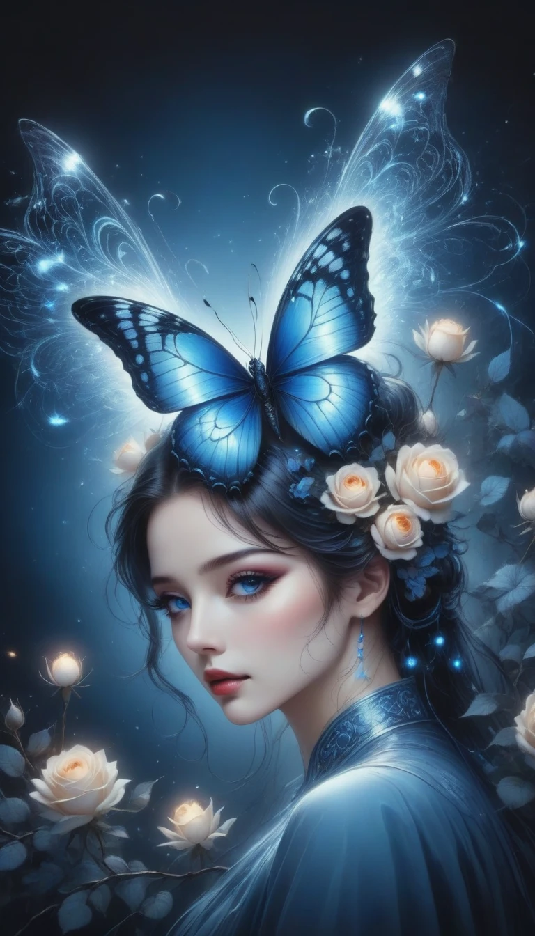 (best quality,4K,high resolution:1.2),Super detailed,Practical,black and white,traditional media,Pencil Sketch:1.2,Chaotic lines,[[[Artist Moussa]]],On a dark background,Blue electric charges forming butterfly，Stylized silhouettes of orbs and roses,Bioluminescence