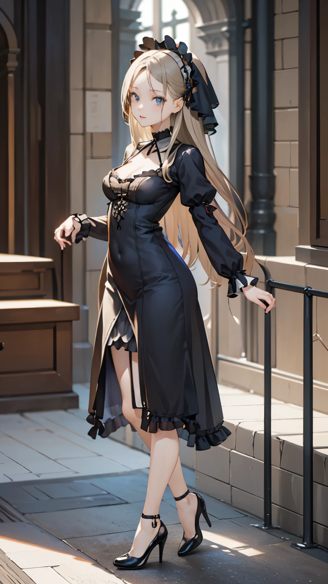 ((Biologically correct number of limbs))、(( Illustrations including faces))、4K、Masterpiece、((focus on the face))、((Symmetrical facial features))、Eyes with detailed description、Beautiful woman、Outstanding style、Slender Body、((Gothic ta、Gothic Lolidress、High heels)、church、Upper body close-up