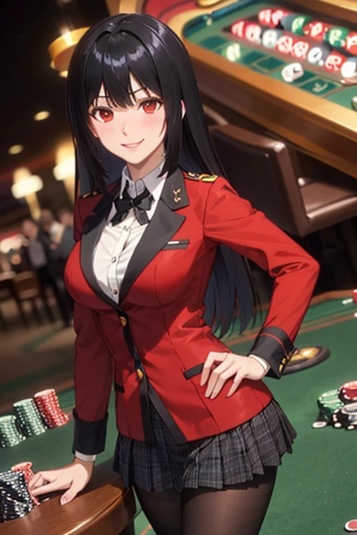 (8K、top-quality、​masterpiece:1.2)、(realisitic、ultra-detailliert、超A high resolution、beautifull detailed face,perfect body,(1 girl,long black hair,red eyes,blush,sexy body,((uniform, red jacket)), Red blazer with black trim on cuffs and collar lining, White button-up dress shirt and black tie, Black and gray plaid miniskirt, black tights, brown loafers, contrapposto,pov,casino,roulette,slot machine,evil smile