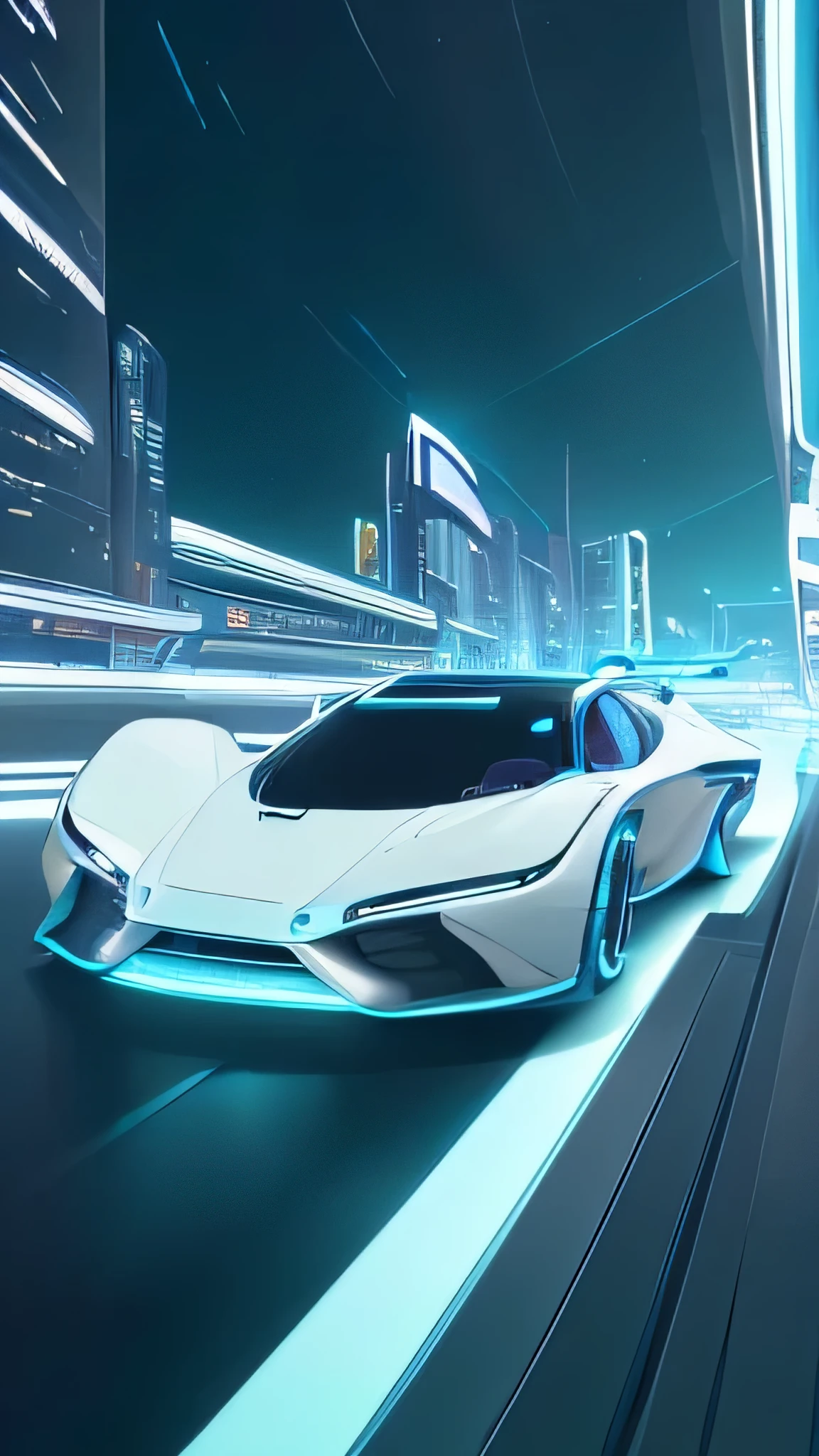 new technology, Smooth, Futuristic car, Floating above the bustling city at night, ((Neon blue light)), with a Smooth and aerodynamic design, Colorful lights illuminate the city landscape below, Ultra Detailed, Surrealism, Be focused, Octane Rendering