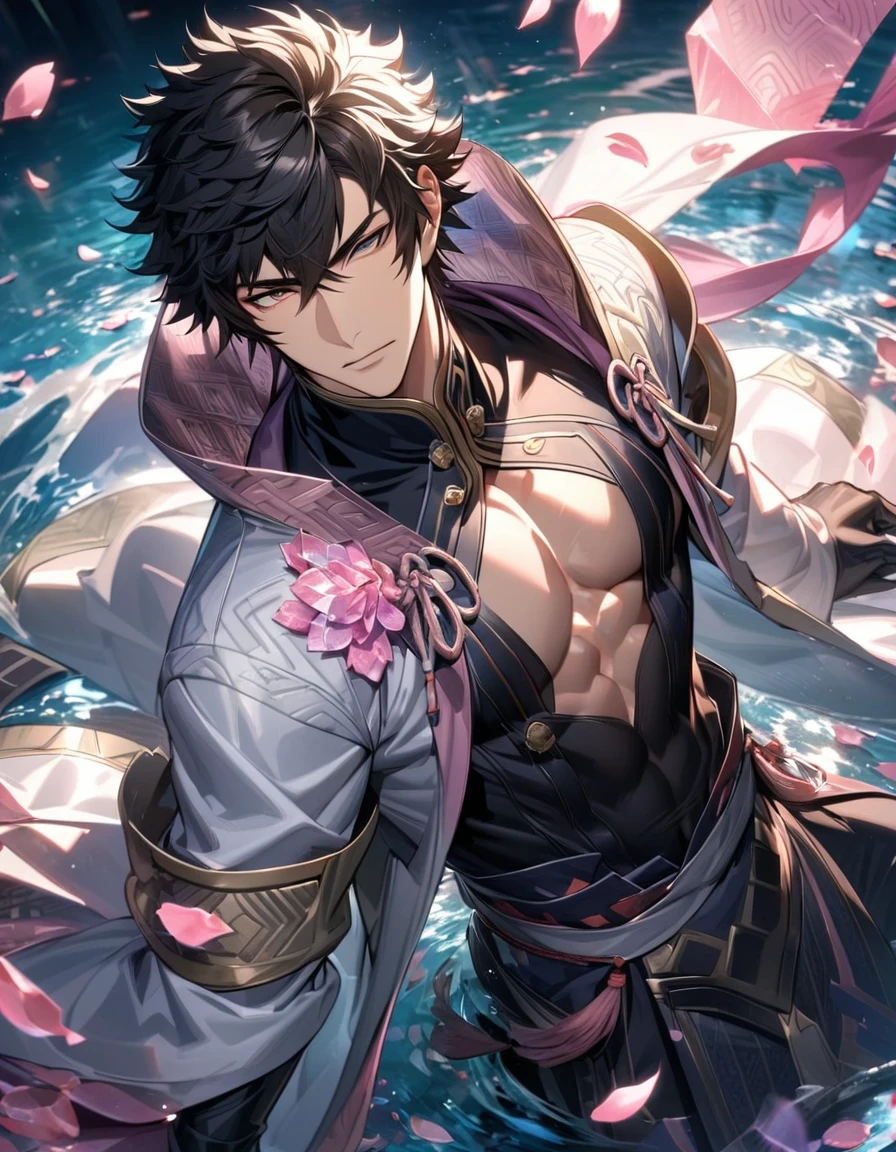 Ultra detailed, Highres, absurdres, HDR, master piece, lon'qu, black hair, expressive silver eyes, extremely handsome, Fire Emblem Awakening, sexy man, solo, extremely detailed eyes and face, white long coat with patterns, pink ice, toned chest, glittering, black gloves, black tight shirt, water, pink ice flowers, petals,