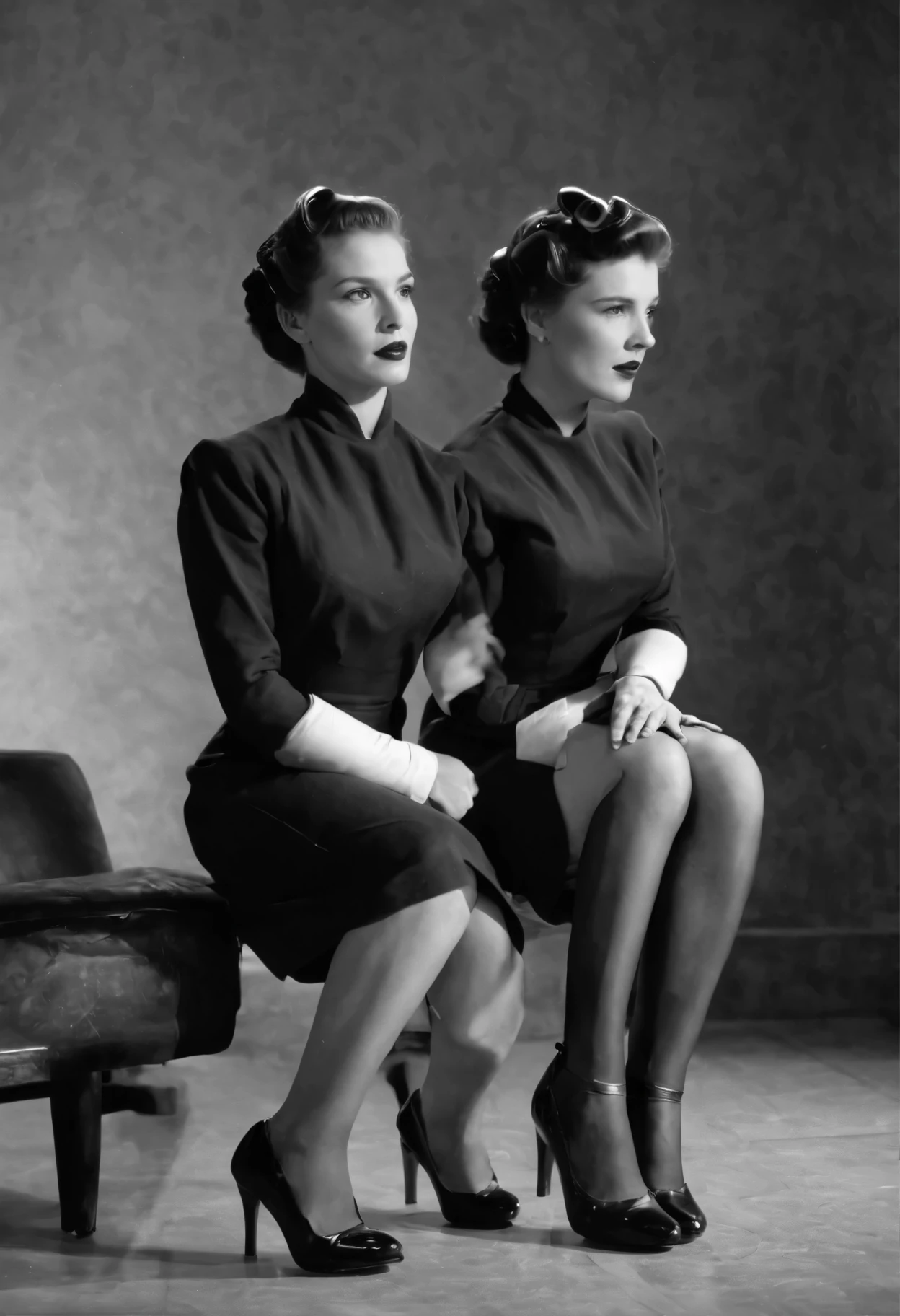 A nostalgic mystery movie scene from a 1950s homemade film, depicting a playful scene with a right side angle view. It features three young girls acting as captured spies, sitting on the floor in a closet room. They are dressed in black spandex unitard spy suits and black leather knee-high jockey boots, enhancing their spy persona. They are shown in a diagonal side view, wrapped by ropes with their hands behind their backs, and their mouths are wrapped with silver tape, adding an element of intrigue. The scene is designed to capture the high-quality nostalgic feel of the 1950s, with appropriate film grain and color adjustments to reflect the 1950s style.
