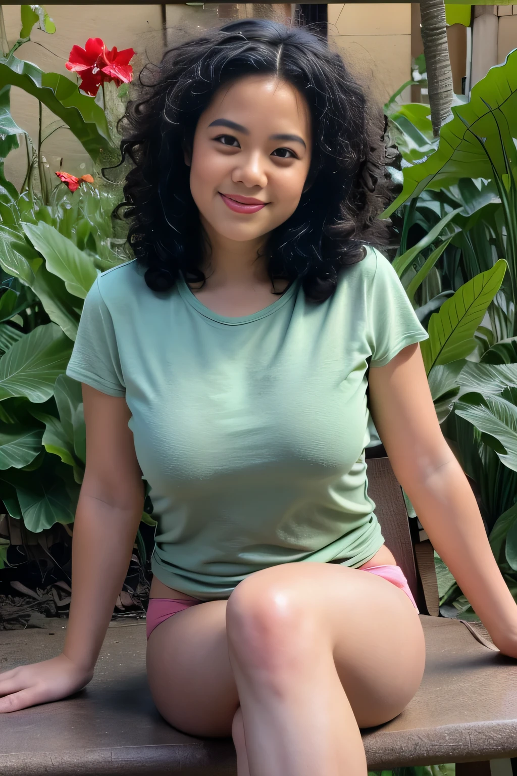 Malay girl wearing sexy pink color panties, wearing loose light blue t-shirt, portrait photography, mid shot photo, ultra detail, professional photograph with professional lighting, smile, sitting on a chair (open legs), at the garden, outdoor background, curly hair, sexy seducing pose, curvy body, cameltoe focused angle