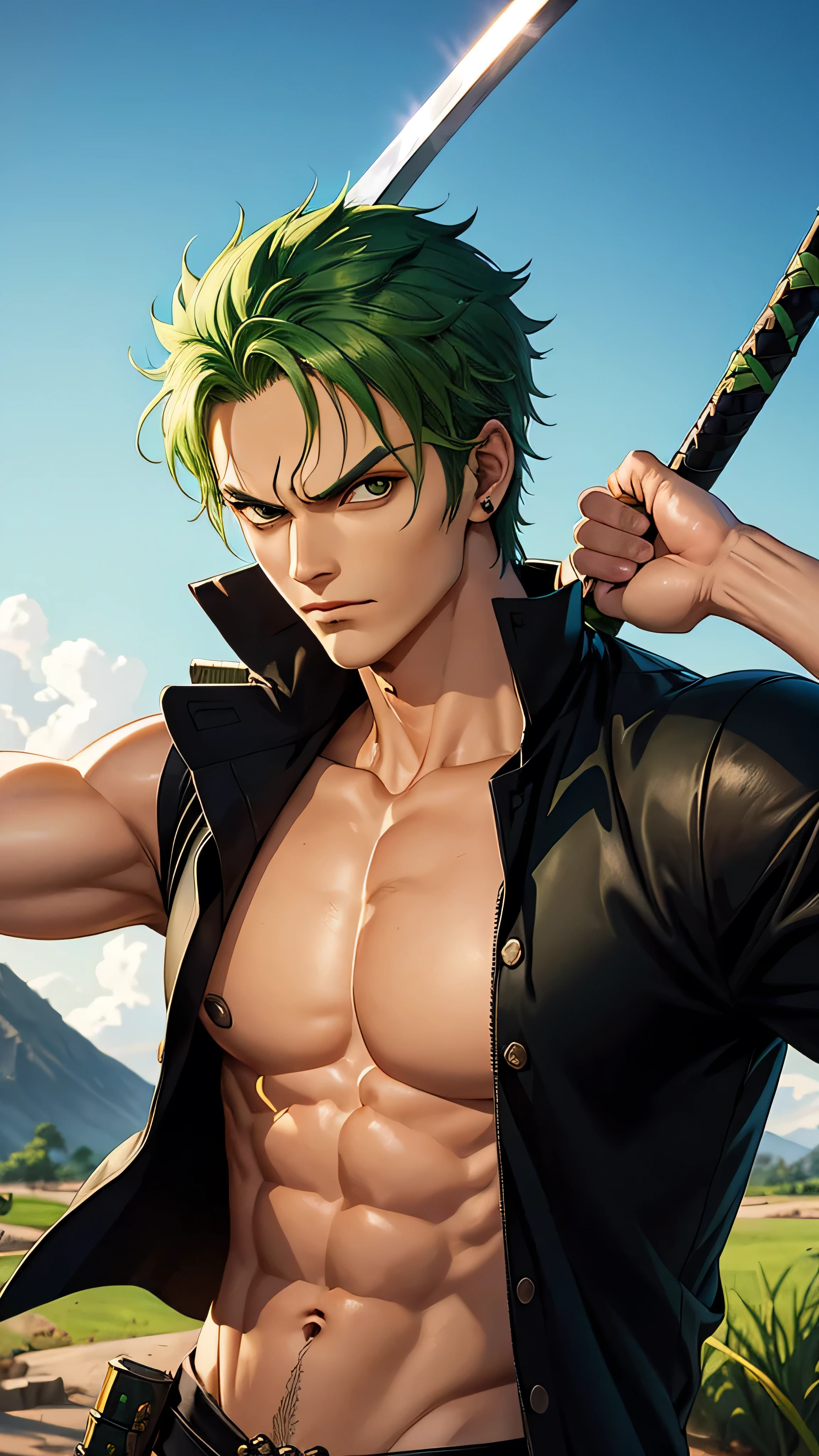 Portrait, Roronoa Zoro, Adventure worldview, green hair, Akatsuki uniform, sword holding posture, High resolution digital art, 2.5D CGI technology, High quality details, strength and determination, Yang Jie style, Meditation rock scene, Deep character descriptions, 4K visual experience, Roronoa Zoro Characteristics, Advanced art technology, world building perspective, Character display, Aesthetic photography art, descriptive details, about the ultimate sense of reality, art style imitation, role building, Plot world description, environmental details, character emotional expression, "Adventure" cultural atmosphere.

Roronoa Zoro, (\One Piece\), handsome, green piercing glowing eyes, green hair, short green hair, signature green haramaki, strikingly handsome, high cheekbones, straight nose, well-defined jawline, darkened countenance, fair skin, long lashes, thick eyebrows, glossy, masculine face, stern stare, strong jaw line, smirk

signature green haramaki, black trousers, white shirt left open to expose muscular torso, and his three katanas, which reflect his status as one of the strongest swordsmen in the One Piece universe.

((Roronoa Zoro's pose), rural landscape, at dusk, dynamic lights), scar across right eye, Eiichirō Oda

One Piece_theme

1 man, solo, looking at viewer