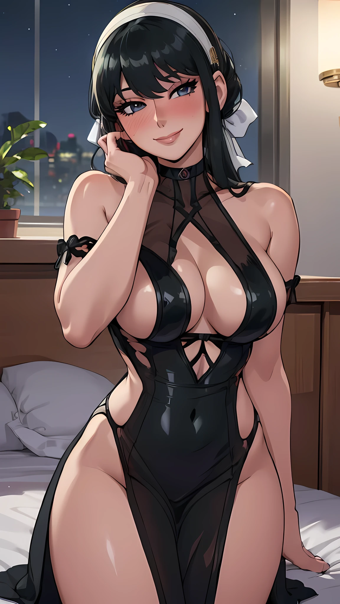 (melhor qualidade:1.3), (qualidade 4K), good composition, full body, head rest, lips, (pretty face) (day:1.2), yor,(black transparent dress:1.3), (black choker with bow) full body, head rest, lips, (pretty face), (night:1.2), intricate, bokeh, cinematic lighting, photon mapping, radiosity, physically-based rendering, Beautiful detailed sky, ,(nose blush),(Smile:1.1),(Closed mouth), (((Sagging breasts))), (((medium full breasts))), breast_expansion, (((Ultra detail glossy skin)))) , Seductive smile, large aparture, Professional Lighting, Sony A7R4, Zessie 50mm f1.8,Beautiful detailed eyes,(sexy revealing lingerie:1.1)