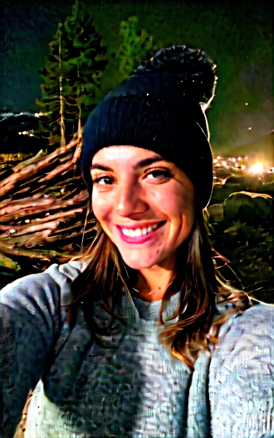 photograph, photo of beautiful woman, selfie, upper body, solo, wearing pullover, outdoors, (night), mountains, real life nature, stars, moon, cheerful, happy, gloves, sweater, beanie, forest, rocks, river, wood, smoke, fog, looking at viewer, skin texture, photo grain, close up, RAW photo